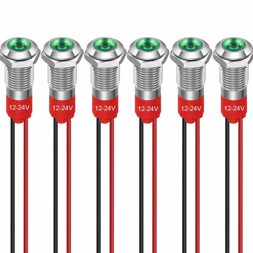 GUUZI 8mm LED Lampka Kontrolna 12-24V Wodoodporna Wskaźnik Panel Metalowy Zielony 6 szt
