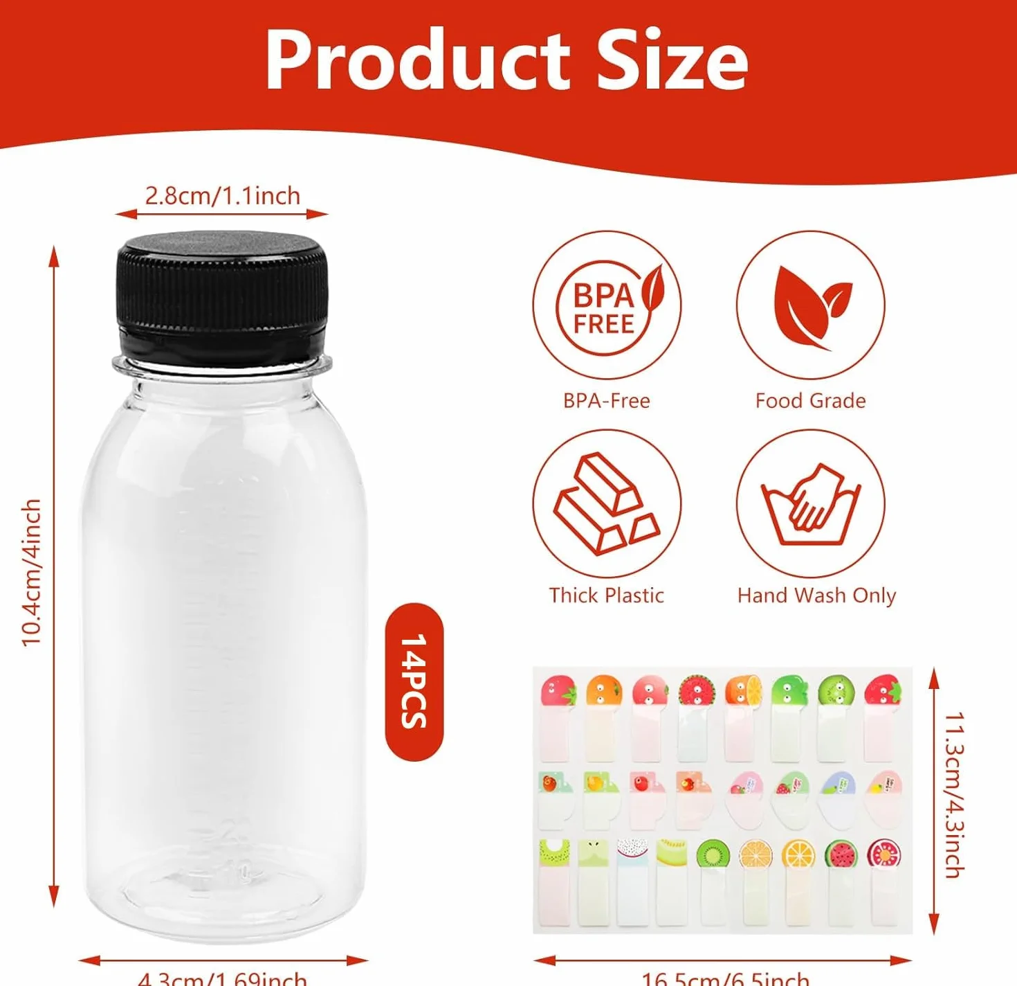 14 sztuk butelek na sok do napełniania, 100 ml, mini butelka plastikowa z naklejką, mini butelka wielokrotnego użytku do napełniania soków owocowych, mleka, wody i koktajli mlecznych