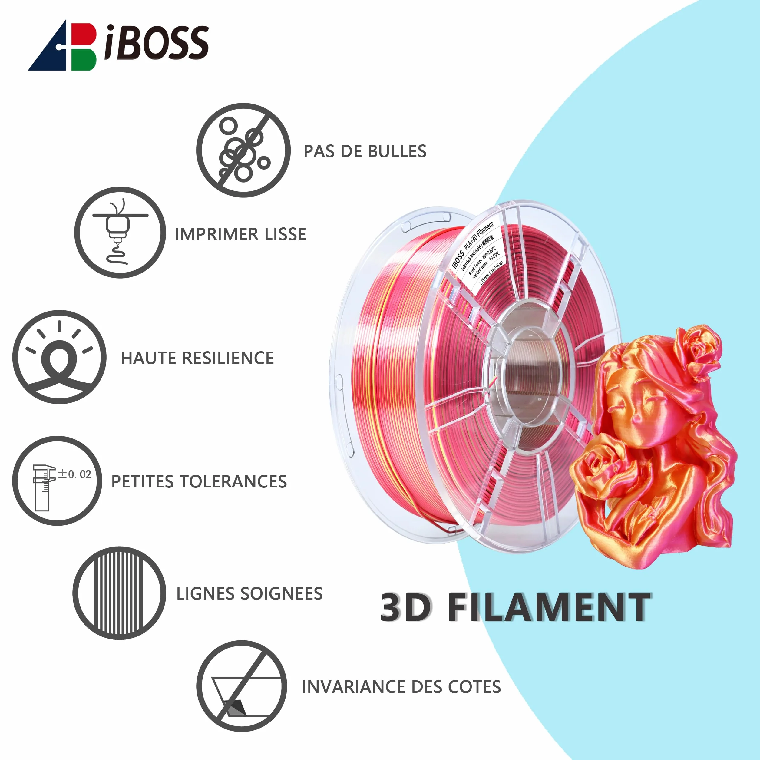 iBOSS PLA PLUS Filament do drukarki 3D, 1,75 mm, dwukolorowy jedwabny filament do drukowania 3D, wspﾃｳﾅＸytﾅＢczany, 1 kg (2,2 funta), jedwabny, dwukolorowy, czerwono-zﾅＰty