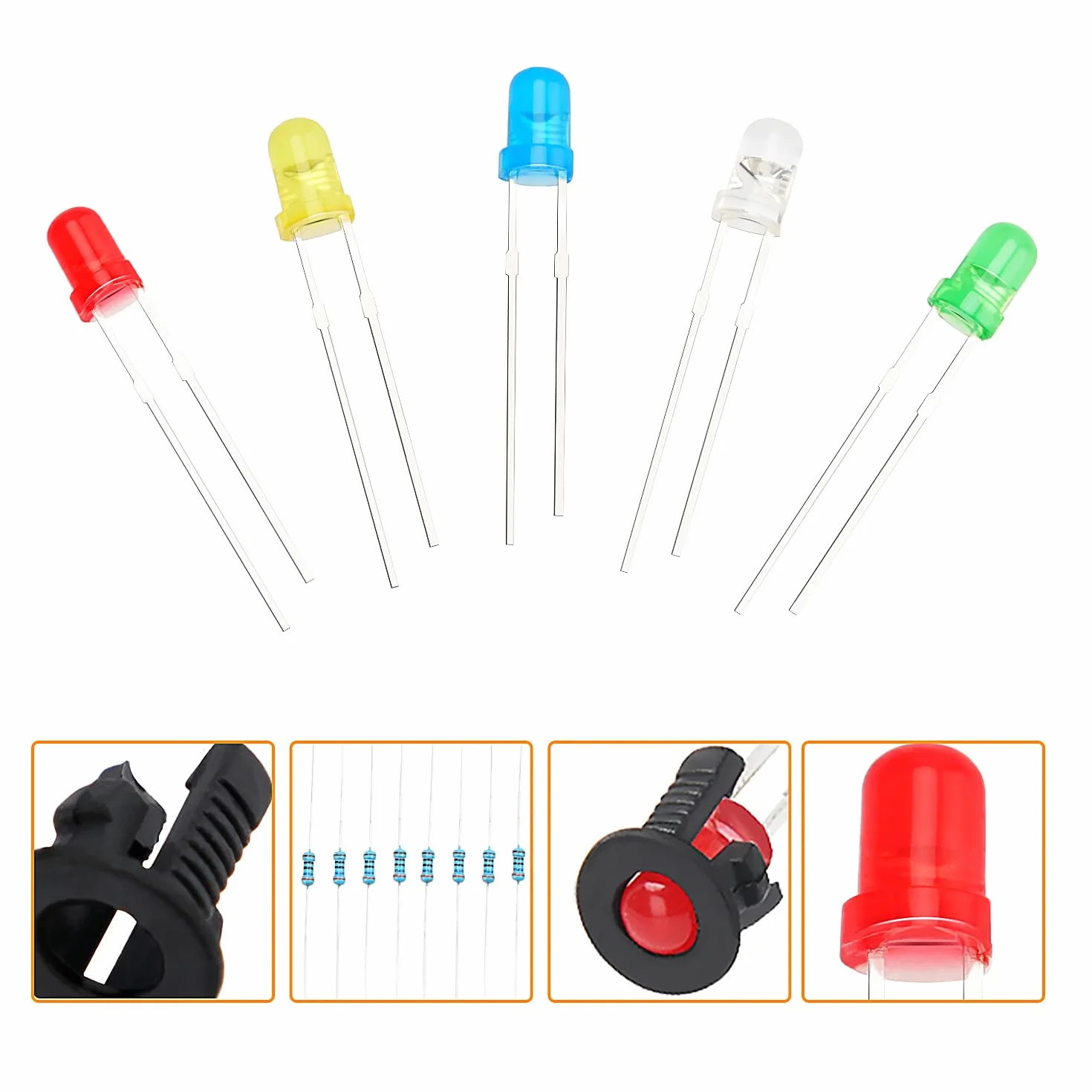 450 Sztuk 3mm Diod LED z Rezystorem & Plastikowym Uchwytem Diody, 2-Pinowe Diody Elektroluminescencyjne z Rozproszonym Kolorowym Len, Okrągła Diody LED, Biały/Zielony/Czerwony/Niebieski/Żółty