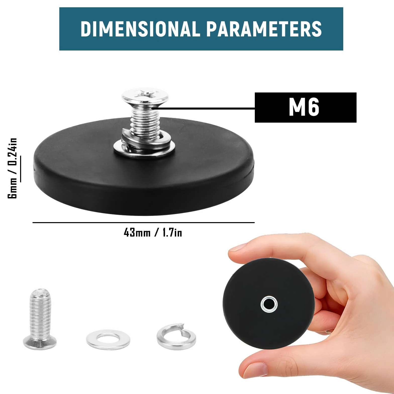 Magnesy gumowane antypoślizgowe 43 mm 8 sztuk neodymowe ze śrubami M4 siła 15 kg