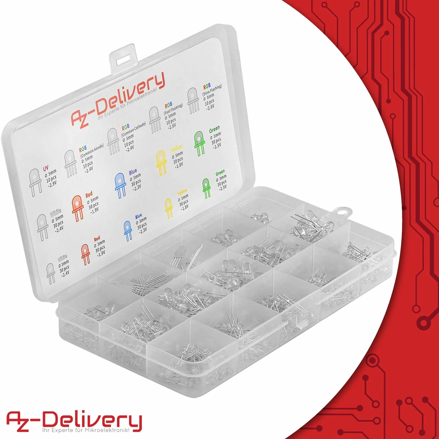 AZDelivery Zestaw asortymentu diod elektroluminescencyjnych LED, 350 sztuk, 3 mm i 5 mm, 5 kolorów, zestaw okrągłych diod LED emitujących, UV RGB CC/CA kompatybilny z Arduino E-book w zestawie!
