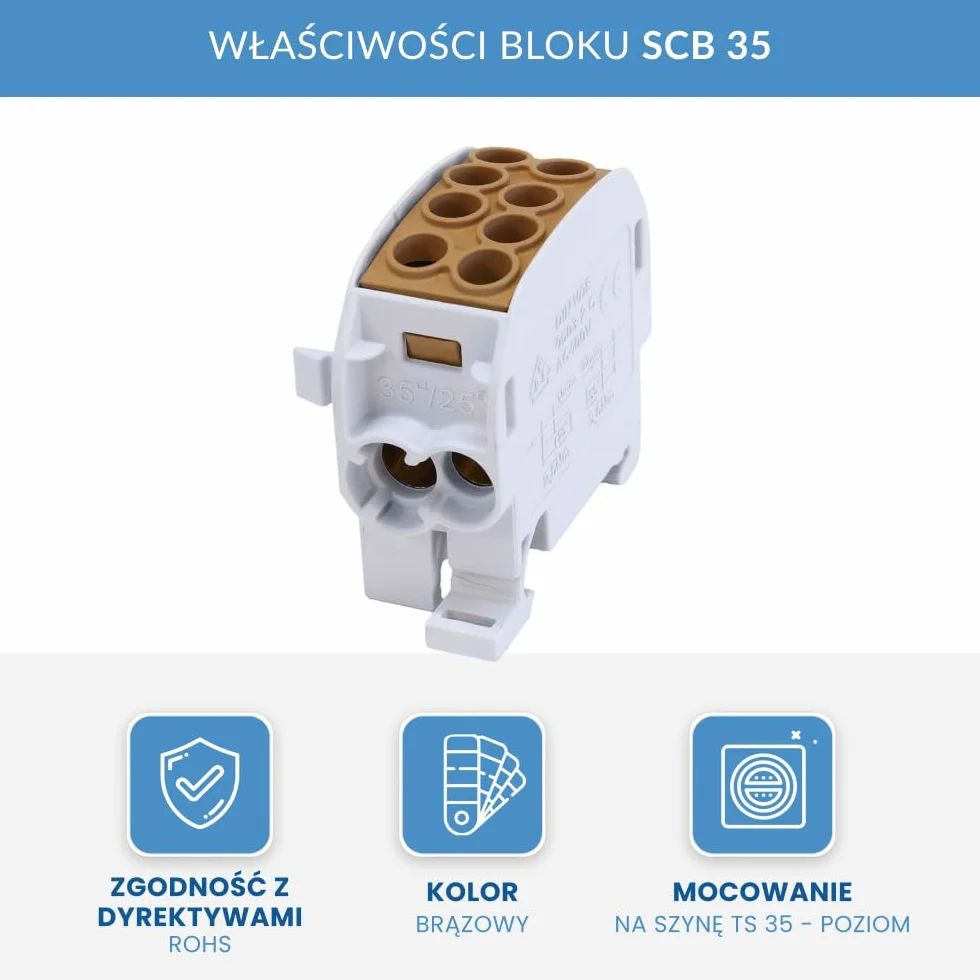 Blok rozdzielczo-rozgałęźny SIMET SCB 35 Al/Cu 80210, 1-biegunowy, 35 mm², do 1000 V AC/DC, montaż na szynie DIN TS35, 29 x 49,3 x 55,4 mm, brązowy