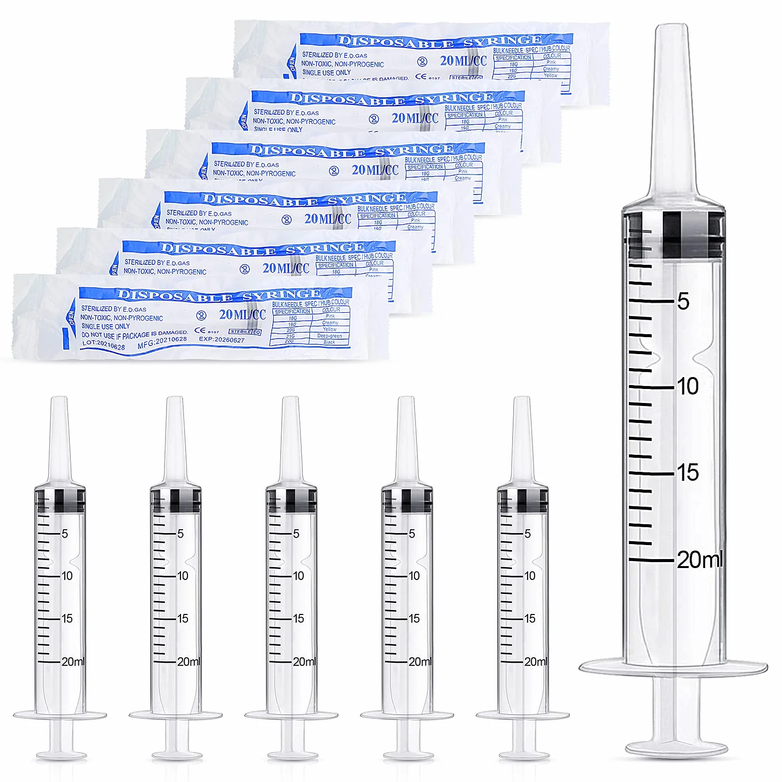 Strzykawki z tworzywa sztucznego, 6 sztuk, 20 ml, strzykawki z tworzywa sztucznego, pojedynczo zapakowane, sterylne strzykawki do laboratoriów naukowych, małych zwierząt domowych, do karmienia