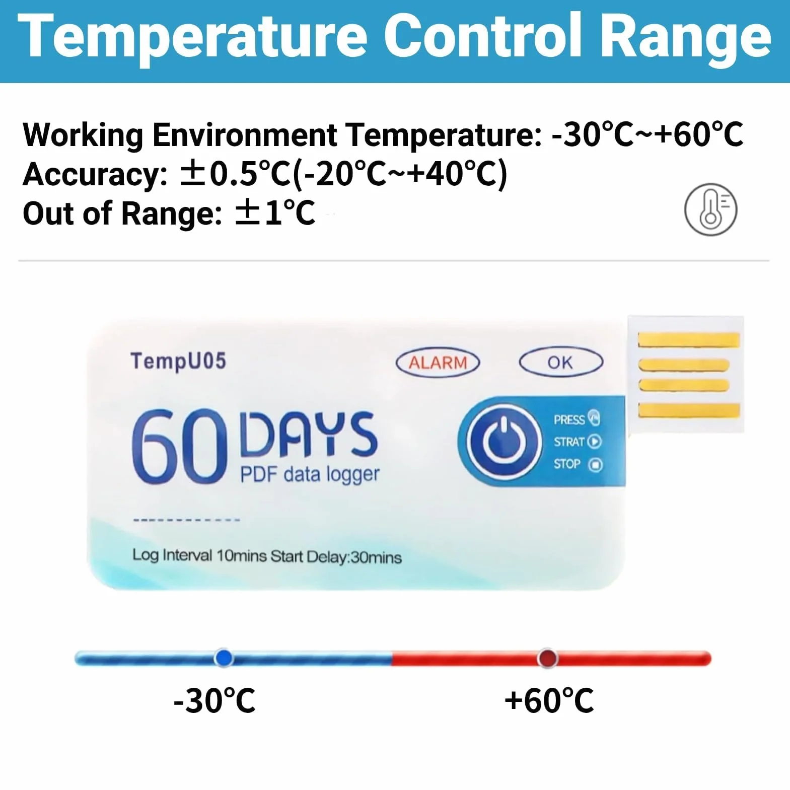 Rejestrator Temperatury USB, Jednorazowy, 10000 Pomiarów, Zakres -30°C do +60°C, Format PDF (TempU05)