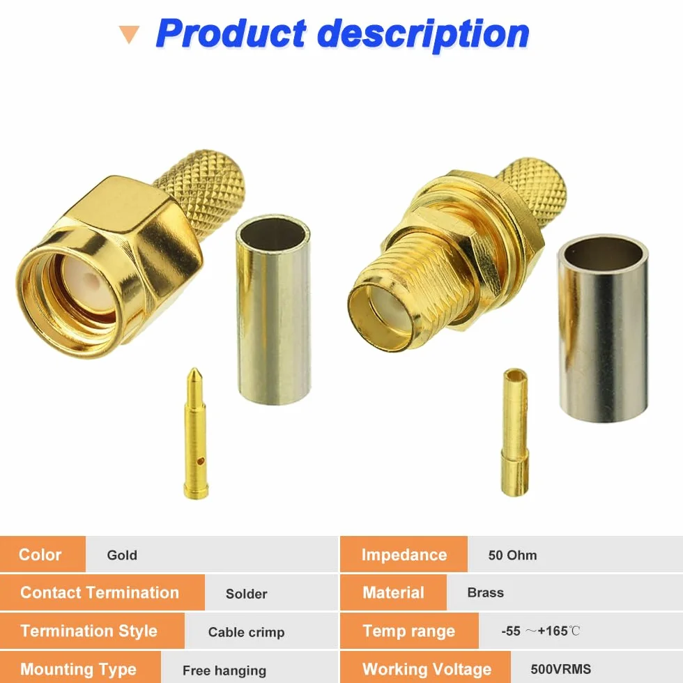 SMA Crimp Connector Kit, SMA męski Bulkhead Crimp Connector with SMA Female Bulkhead Crimp Connector, Gold Plated Solder RF Connector for RG316 RG174 Cable (12 szt.)