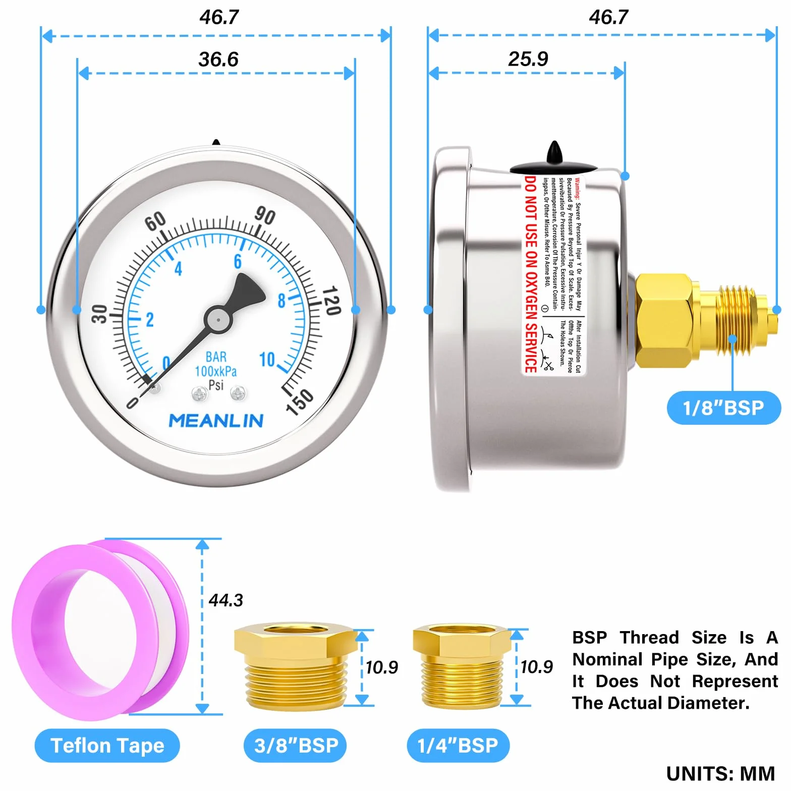MEANLIN MEASURE Manometr ze stali nierdzewnej 0~10BAR 0~150PSI 2" FACE DIAL wodoodporny 1/8" BSP