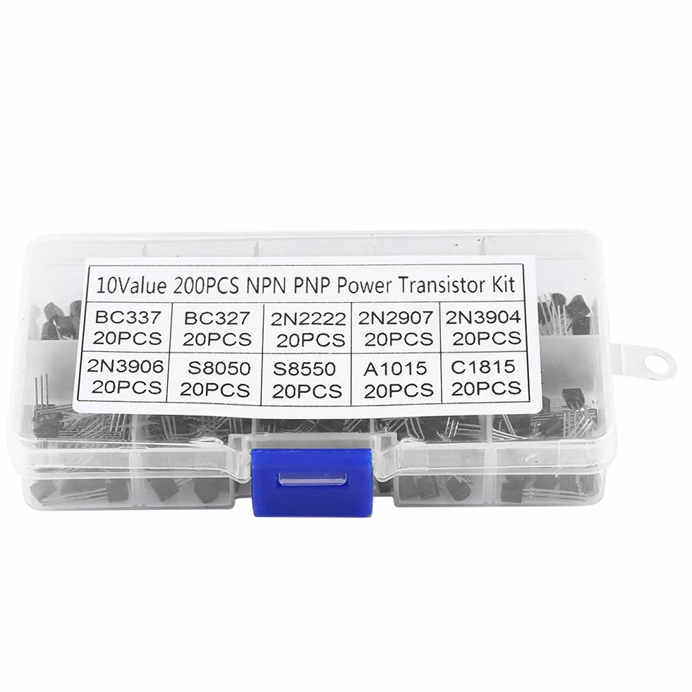 200 szt. Tranzystor Bipolar NPN Krzem z pudełkiem do przechowywania 10 modeli (BC337 BC327 2N222 2N2907 2N3904 2N3906 S8050 S8550 A1015 C1815)