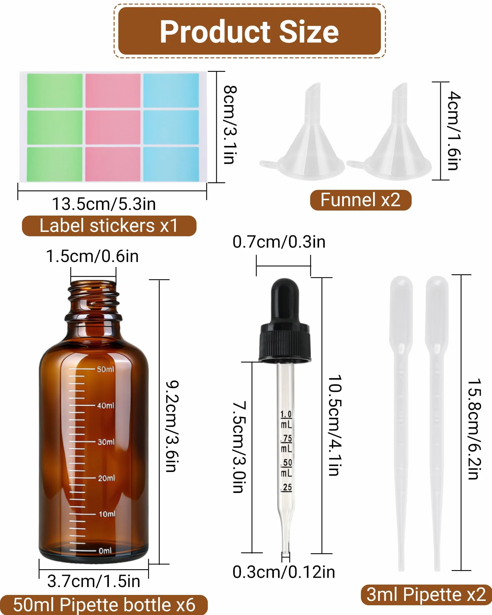 6 butelek z pipetą 50 ml – butelki z zakraplaczem z brązowego szkła z 2 lejkami, 2 pipetami, 1 arkuszem etykiet, idealne do olejków eterycznych, aromaterapii, laboratorium i barwników