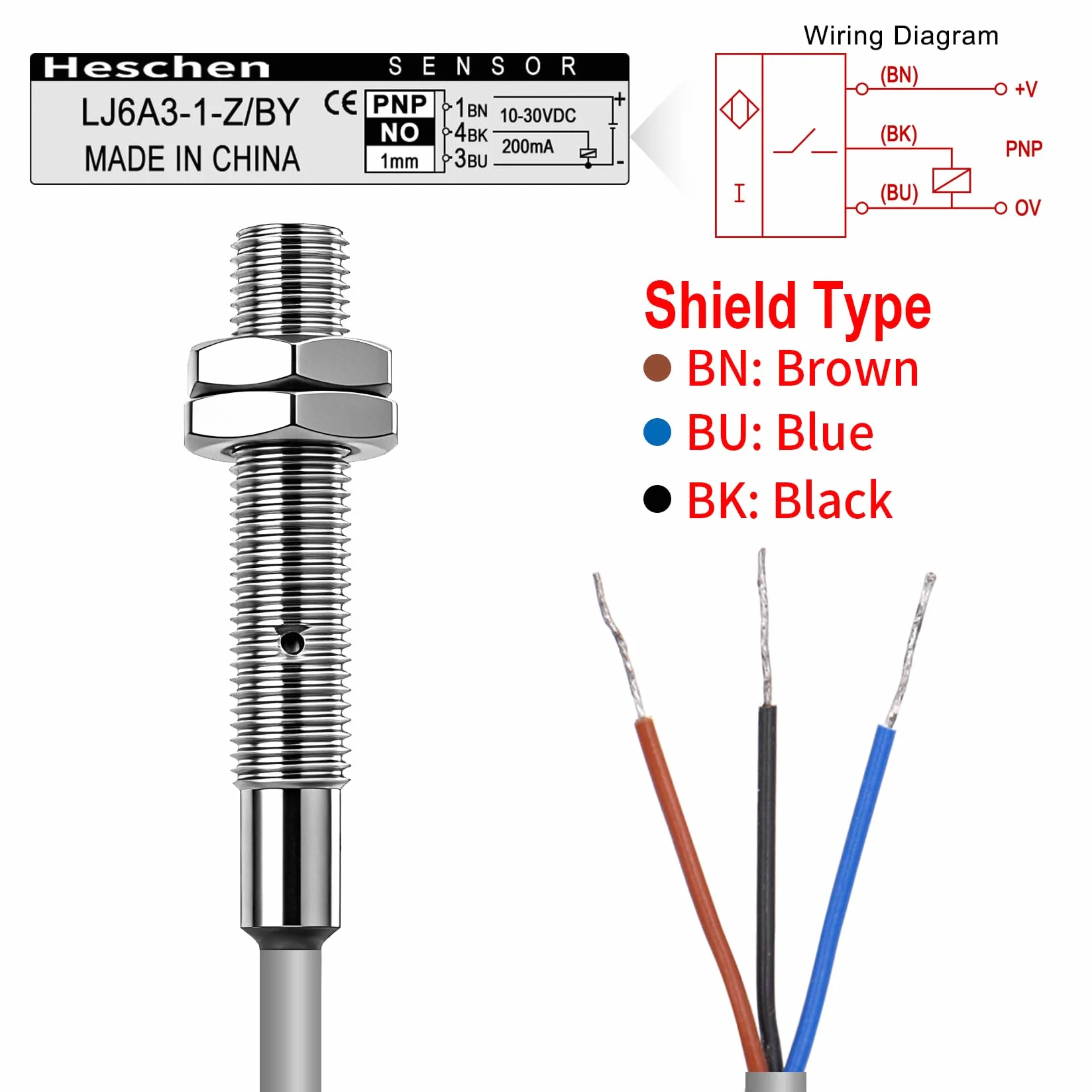 Heschen M6 indukcyjny czujnik zbliżeniowy LJ6A3-1-Z/BY 1 mm 10-30 V DC 150 mA PNP NO 3-przewodowy