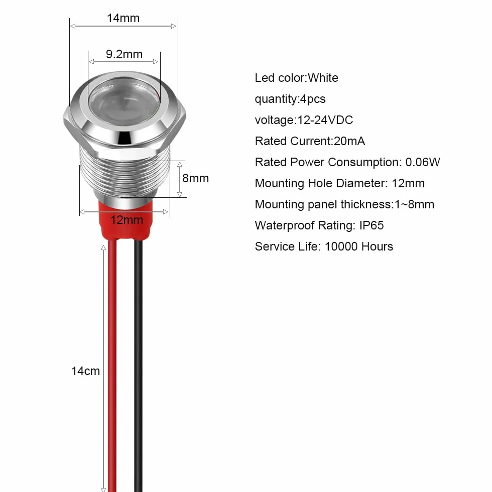 GUUZI 12mm Lampka Kontrolna LED 12-24V Wodoodporna Lampka Sygnalizacyjna Panel Metalowy Wskaźnik LED Lampka Sygnalizacyjna Mocowanie Panelu Głowica Płaska z Przewodami Srebrny Skorupa(Biały, 4 szt)