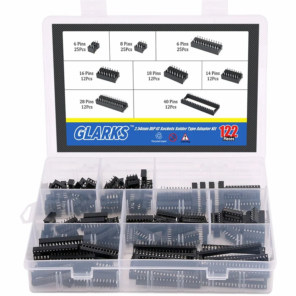 Glarks 122 szt. 2,54 mm Pitch DIP IC gniazda wtykowe adapter zestaw pinów