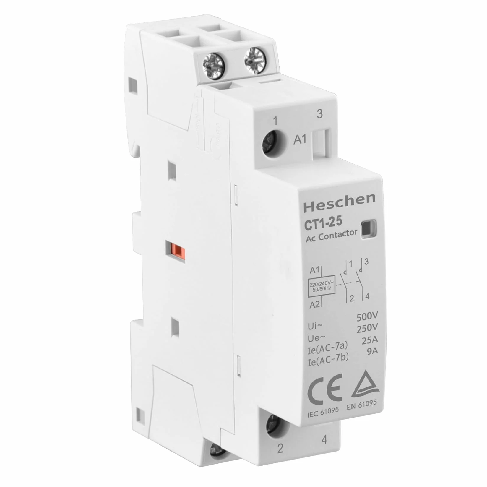 Heschen Domowy stycznik AC, CT1-25, 2-biegunowy, dwa normalnie otwarte, napięcie cewki AC 220 V/230 V, mocowanie szynowe DIN 35 mm