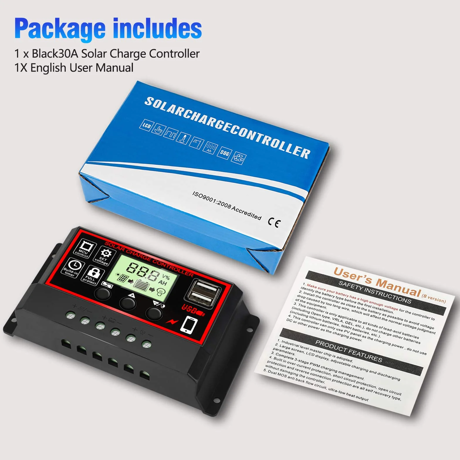 30A regulator ładowania słonecznego, 12V/24V regulator PWM regulator panelu słonecznego regulowanym wyświetlaczem LCD ustawienie timera PWM automatyczny parametr regulatora panelu słonecznego, czarny