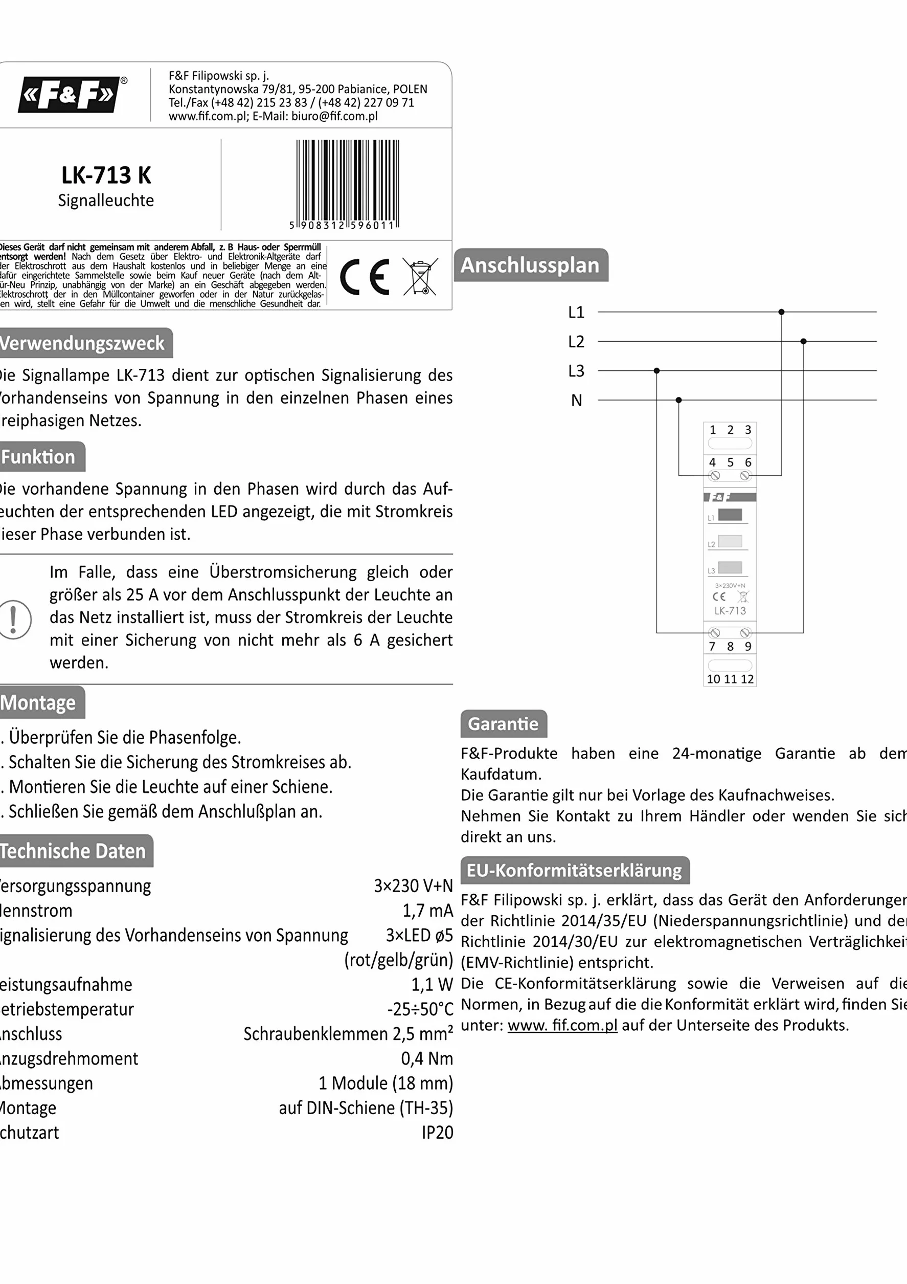Kontrola faz 3 x 230 V+N lampa fazowa kontroler faz kontrolka lampa czujnik światła LK-713K zielony - żółty - czerwony 3 fazy F&F 6011