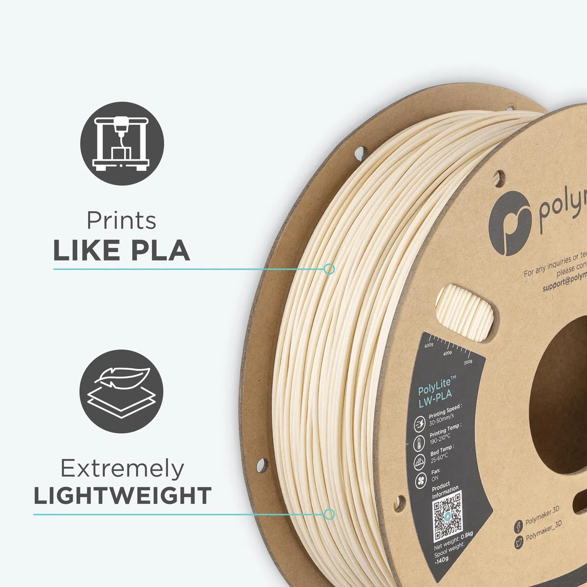 Polymaker PolyLite LW-PLA - 1.75mm - 800g - Biały
