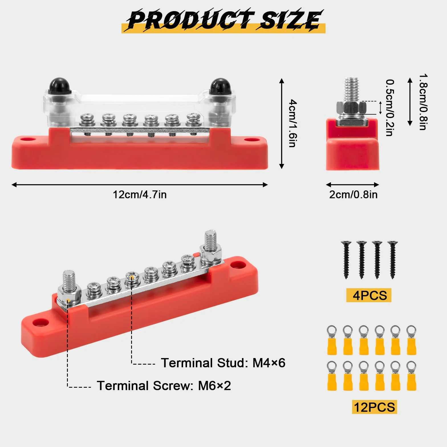 Listwa rozdzielcza zasilania 12 V-48 V DC BusBar 150A Listwy rozdzielające energię z 6 x M4, śruby zaciskowe do samochodu, ciężarówki, łodzi, czerwony, czarny, 2 sztuki