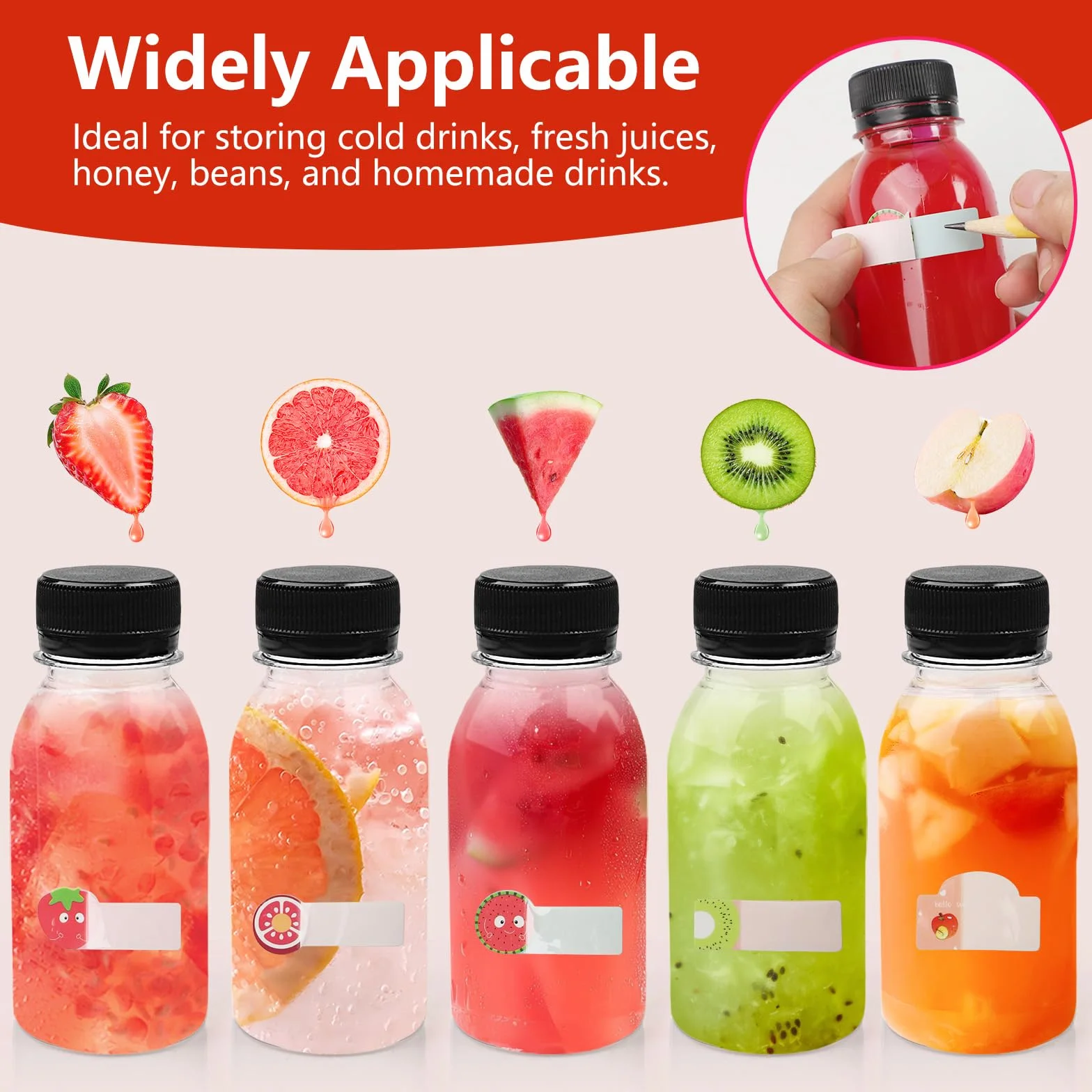 14 sztuk butelek na sok do napełniania, 100 ml, mini butelka plastikowa z naklejką, mini butelka wielokrotnego użytku do napełniania soków owocowych, mleka, wody i koktajli mlecznych