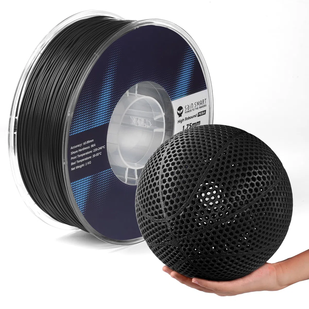 Elastyczny filament SainSmart PEBA High Rebound 90A, 1 kg, Super TPU z 78% wysokim odbiciem, o 20% lżejszy i 2 razy szybszy druk, wytrzymałość na bazie nylonu, regulowana elastyczność, 1,75 mm, czarny