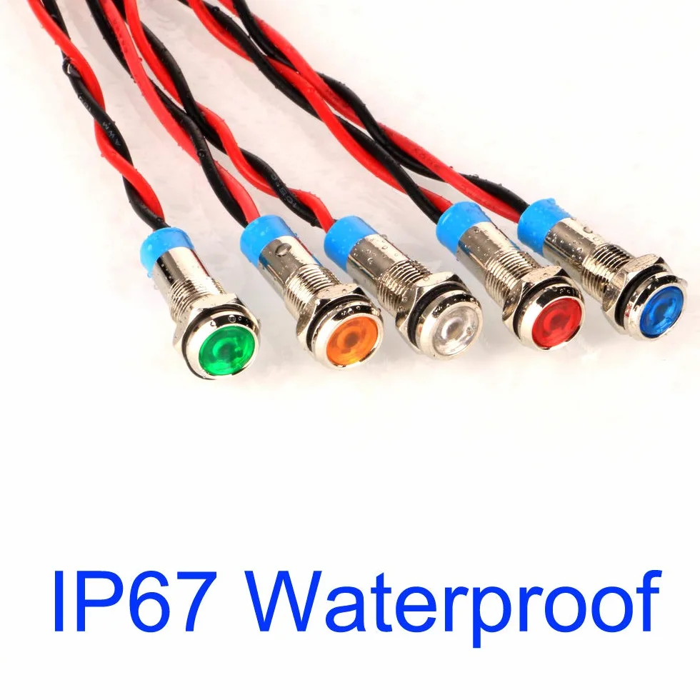 Gebildet 10 szt. 6mm 1/4 cala AC/DC 12-24V LED Energooszczędny Metalowy Wskaźnik Swietlny Wodoodporna lampa Sygnalizacyjna z Przewodem (zielony/żółty/czerwony/niebieski/biały)