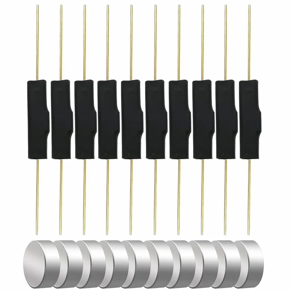 Gebildet 10 szt. plastikowy przełącznik trzcinowy styk trzcinowy normalnie zamknięty magnetyczny przełącznik indukcyjny (3 mm × 14 mm) z 10 szt. małych uniwersalnych okrągłych magnesów