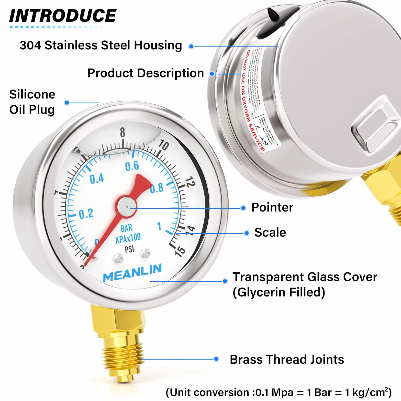 MEANLIN MEASURE 0~1BAR/15PSI stal szlachetna 1/8" BSP 1,5" FACE DIAL, manometr wypełniony gliceryną, wypełniony płynem, woda i olej, dolny montaż, z gniazdem sześciokątnym 1/8"x 1/4" BSP i 1/8"x 3/8