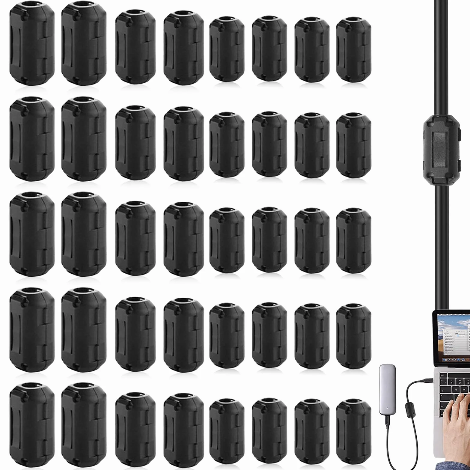 40 sztuk rdzeni ferytowych, filtr przeciwzakłóceniowy, ferytofiltr, klapkowy feryt, nakładany ferytowy pierścień na kabel RFI, EMI, 3,5mm 5mm 7mm 9mm, czarny