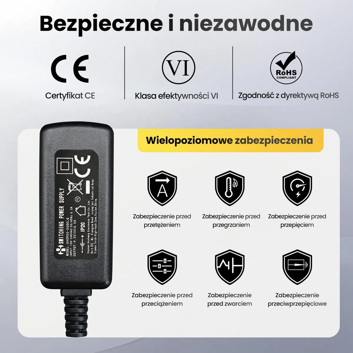 Adapter zasilacza 9 V 0,5 A 4,5 W 1,8 m, adapter przełączający AC-DC (wejście 100 – 240 V, wyjście 9 V 0,5 A), DC 9 V 5,5 x 2,1 mm, wtyczka transformatorowa do montażu na ścianie