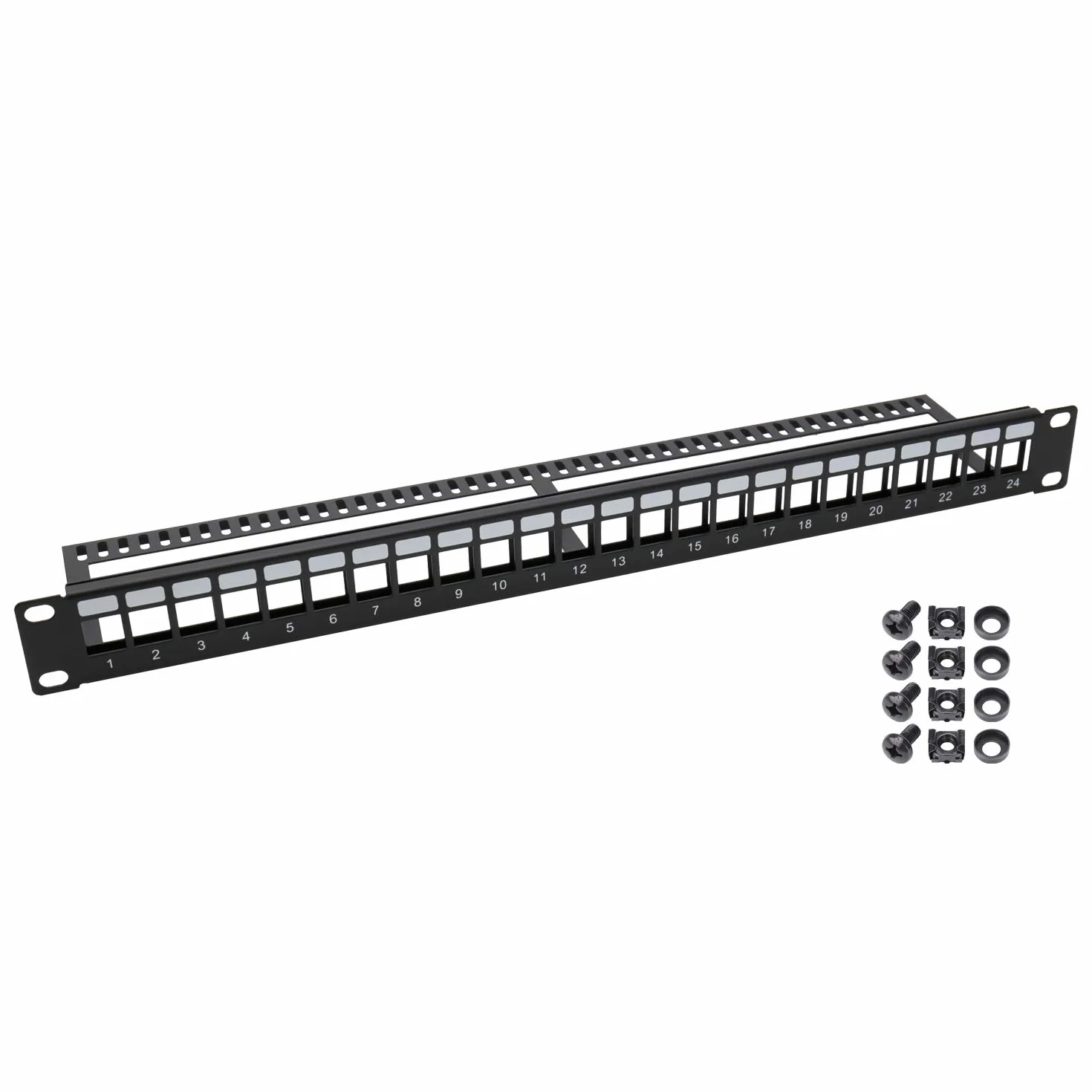 HMF 66445-02 UTP panel krosowy Keystone do szafy serwerowej | 19 cali | 1 HE | 24 porty RJ45 | czarny