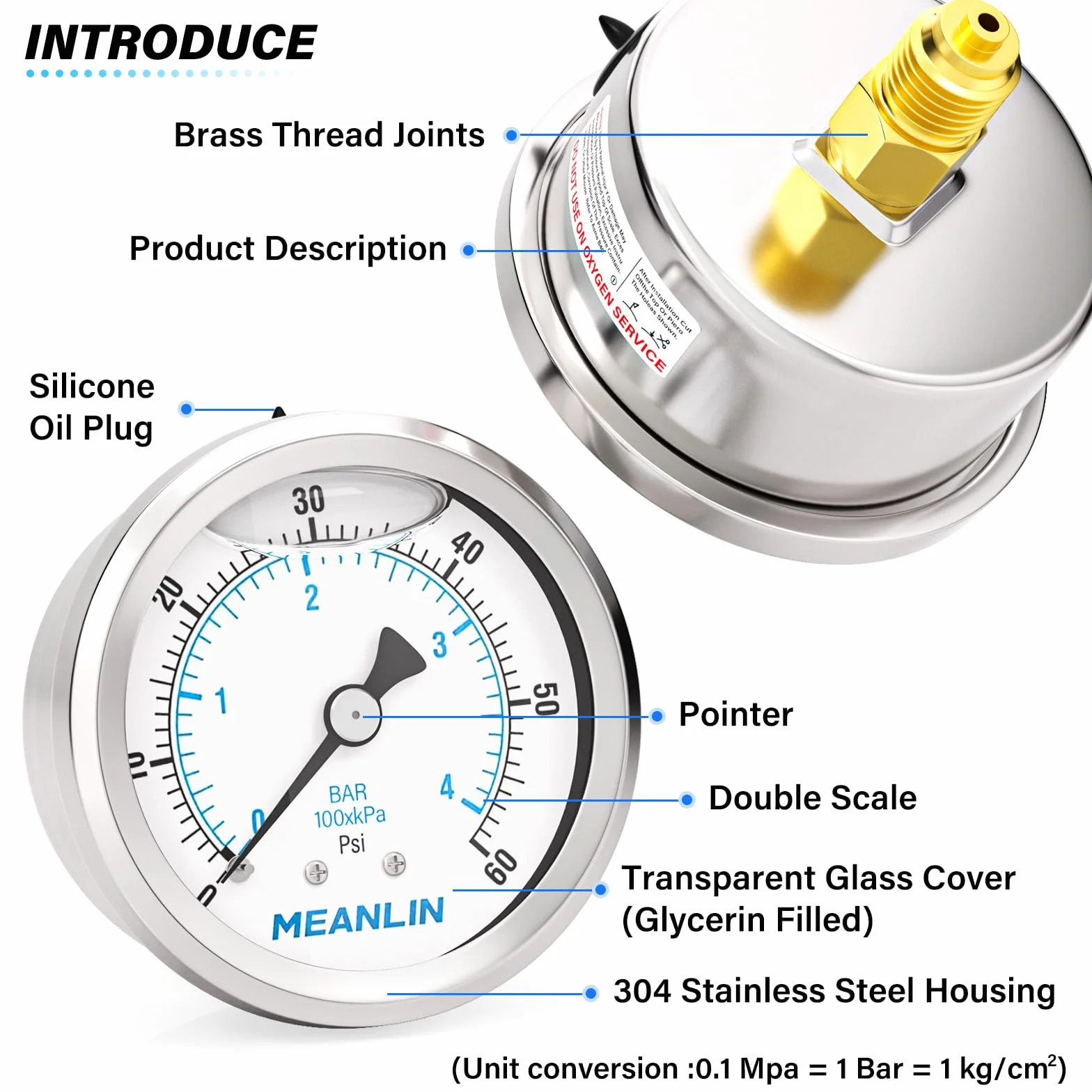 MEANLIN MEASURE 0-4BAR/0~60Psi ze stali nierdzewnej 1/4" BSP 2,5" FACE DIAL WOG uchwyt na wodę z tyłu powietrza, z 1/4" x 1/2" BSP i 1/4" x 3/8" BSP Hex Bushing