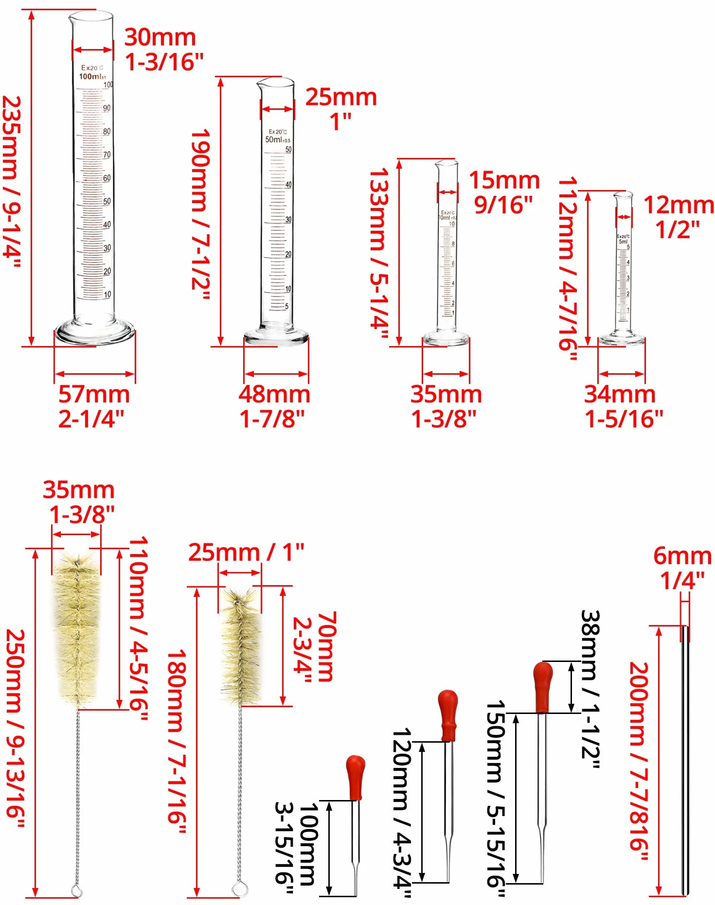 QWORK Szklany cylinder z podziałką 5 ml 10 ml 50 ml 100 ml z pipetami szczotką do probówek i prętem do mieszania