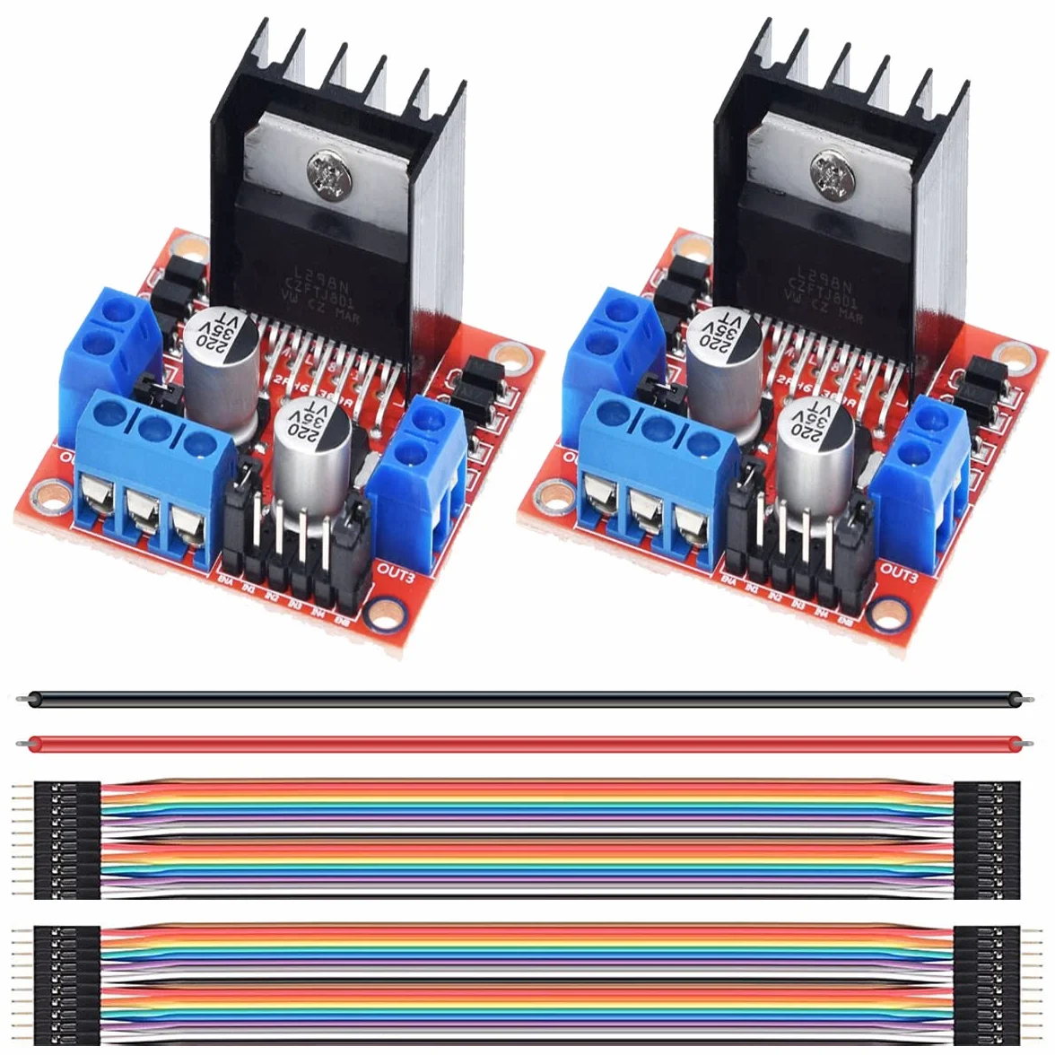 2 szt. Płyta kontrolera napędu silnika L298N DC podwójny moduł sterujący silnika krokowego H Bridge Motor dla Arduino Smart Car Power z kablem rozruchowym, drut 24AWG