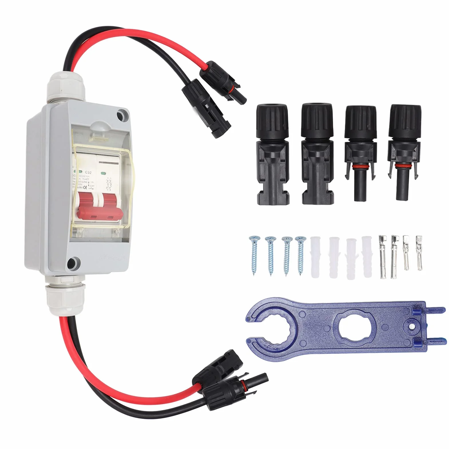 32A 500V PV DC Odłącznik, MCB 2P Prąd Słoneczny Zlewozmywak Przełączający Przełącznik Powietrza, Miniaturowy Wyłącznik Automatyczny z wodoodporną skrzynką rozdzielczą IP65 do Panel (Z kablem i złączem PV)