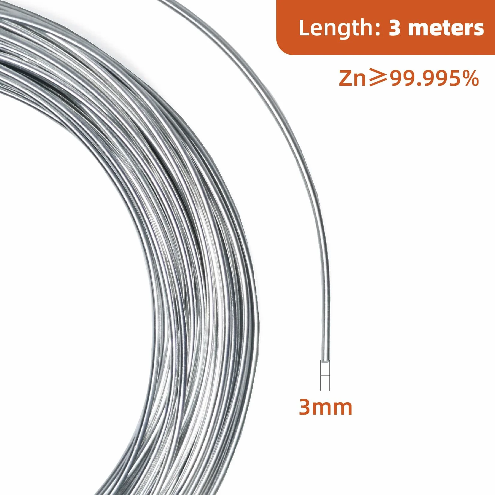 Czysta Drut cynkowy 3mm, Wysoka czystość 99.995%, średnica 3mm (3mm, 3 metry)