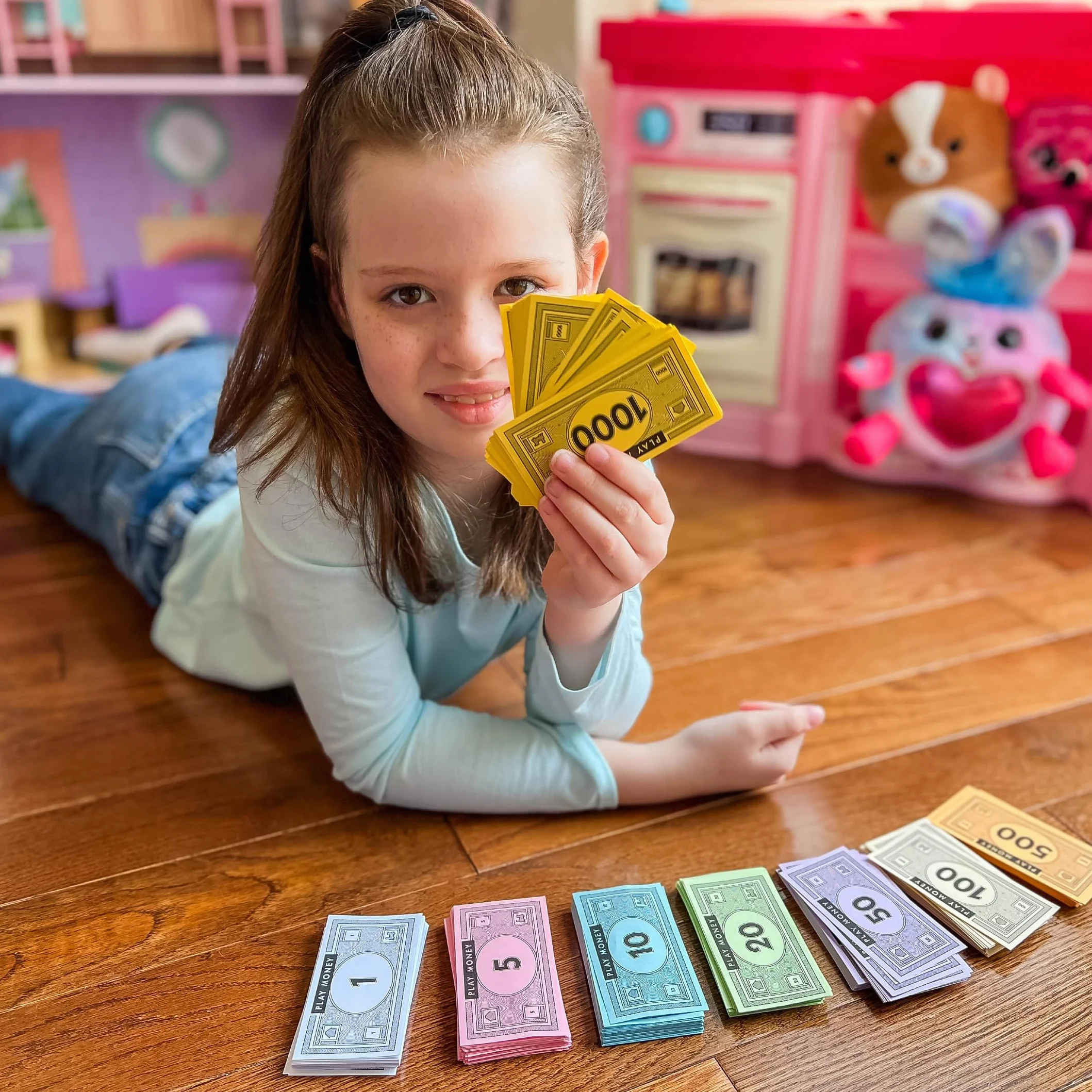 Fikcyjne pieniądze Opoly-520 sztuk fałszywych pieniędzy do gier planszowych-65 każdego banknotu w 8 nominałach– 1, 5, 10, 20, 50, 100, 500, & 1000 zł - Bilety na kasjer gier symulacyjnych
