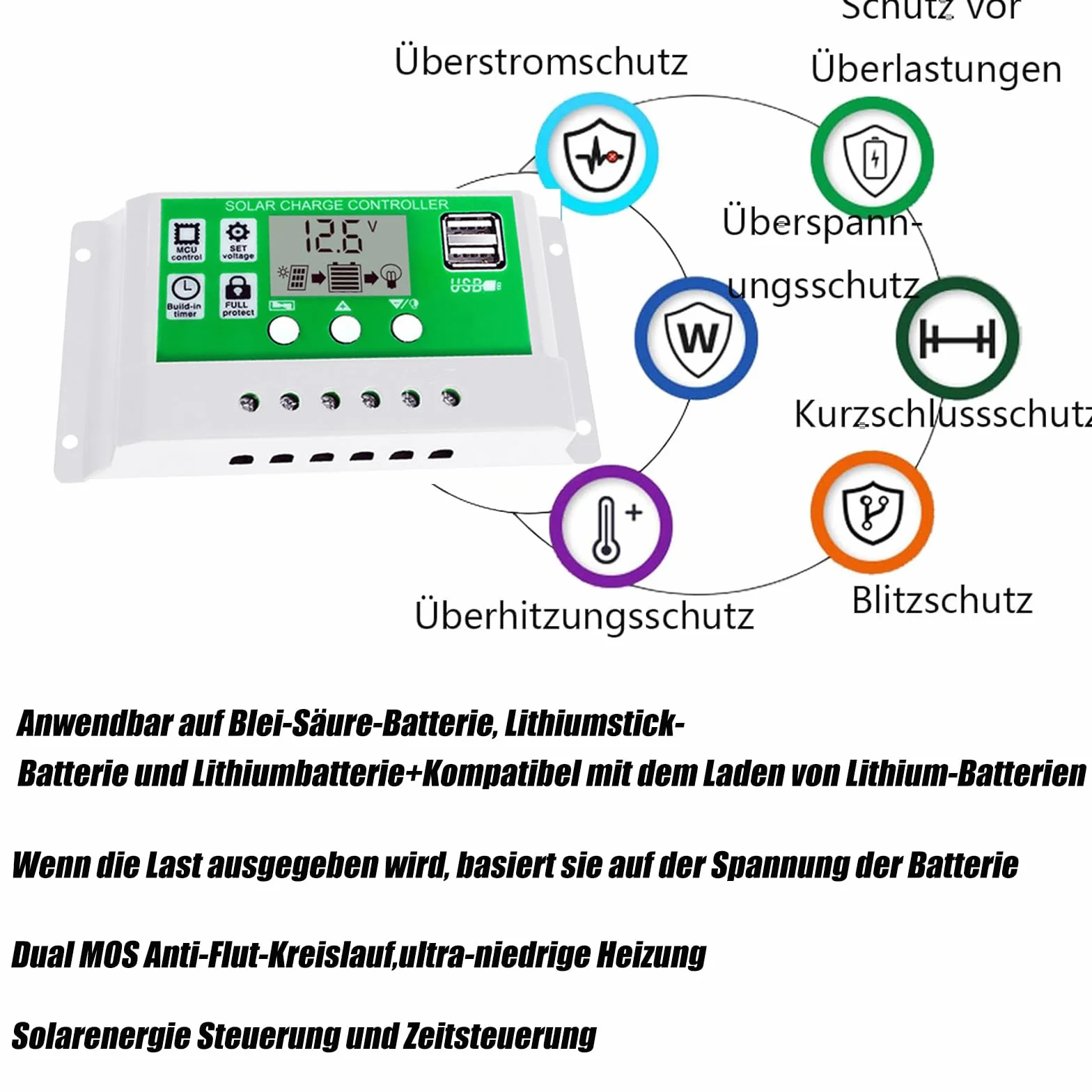 Regulator ładowania słonecznego, PWM 12 V, regulowany wyświetlacz LCD do Life-PO4, żel ołowiowy, kwas litowy, 2 porty USB, konwerter słoneczny 30 A