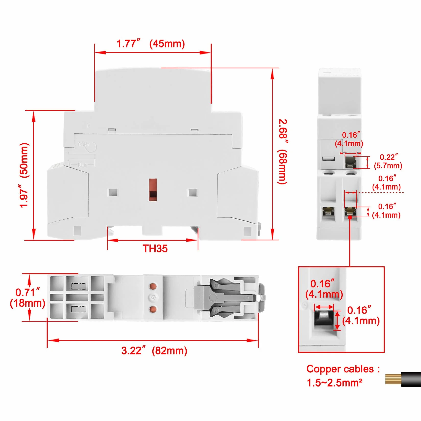 Heschen Domowy stycznik AC, CT1-25, 2-biegunowy, dwa normalnie otwarte, napięcie cewki AC 220 V/230 V, mocowanie szynowe DIN 35 mm