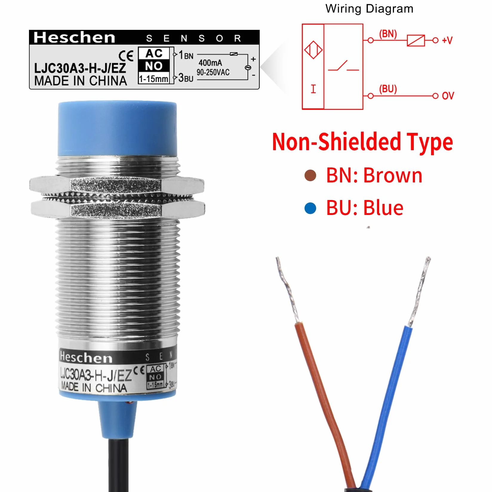Heschen M30 pojemnościowy przełącznik czujnika zbliżeniowego, typ nieosłony, LJC30A3-H-J/EZ, detektor 1-15mm, 90-250VAC 400mA, normalnie otwarty (NO), 2 przewody