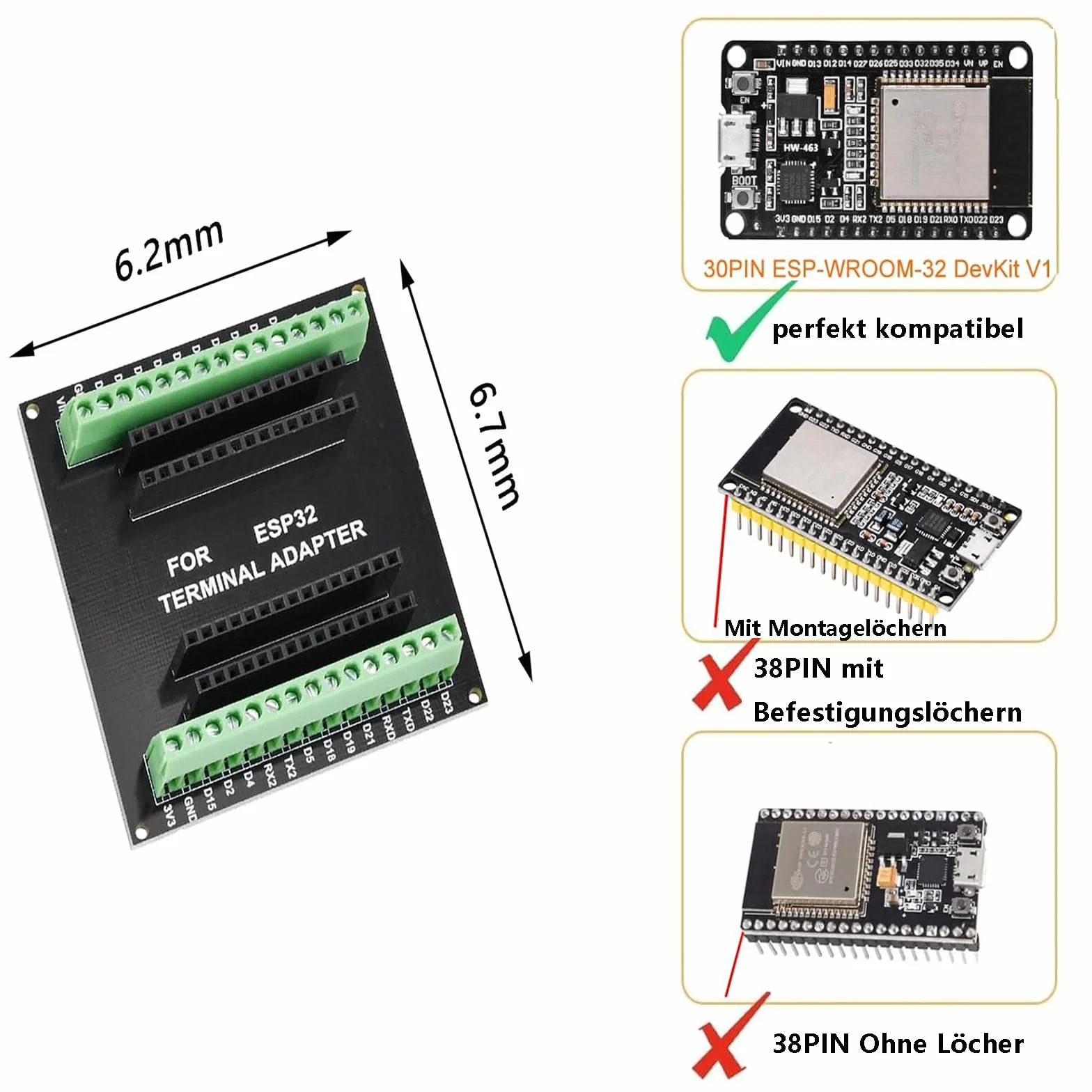 2 sztuki ESP32 Breakout Board do 30PIN, ESP32 deska rozwojowa 2,4 GHz Dual Core WLAN WiFi + Bluetooth 2 w 1 mikrokontroler ESP-WROOM-32 chip do Arduino