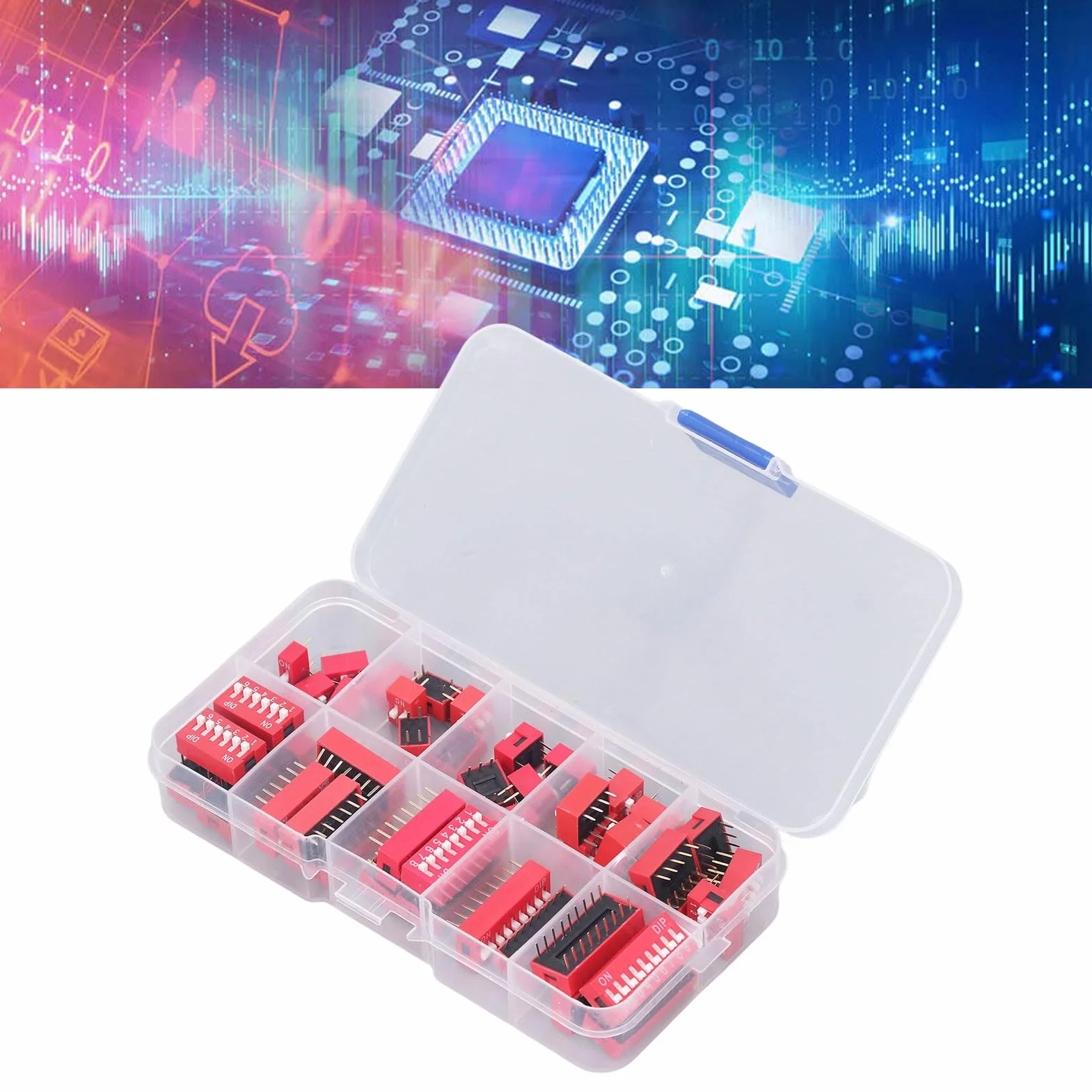 45 Sztuk Przełącznik Dip Różne Zestawy 2.54mm PCB do Montażu na Off Dip Przełącznik DIL Typ Suwaka Czerwony Przełącznik Dwupozycyjny do Obwodów Breadboards
