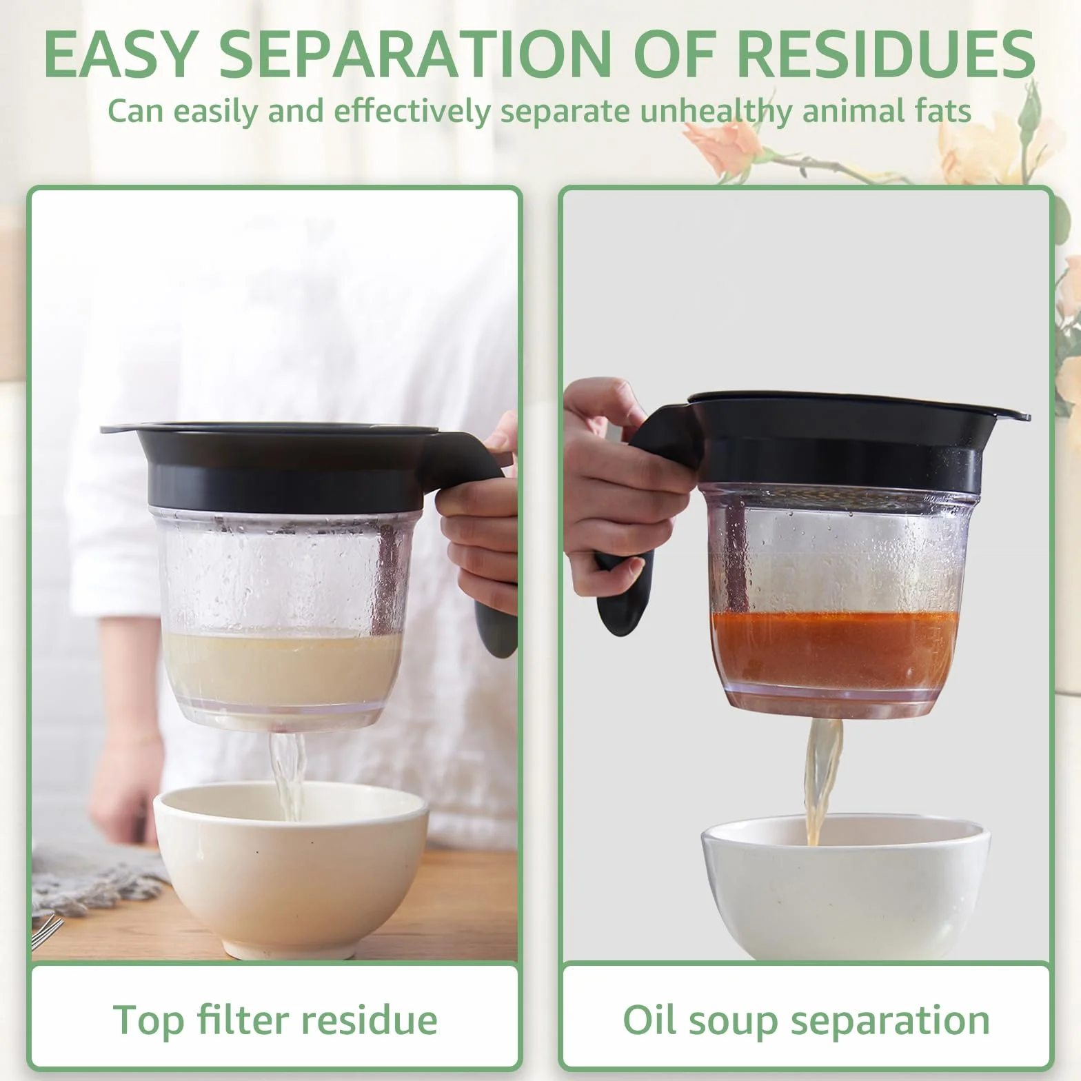 Separator tłuszczu QINGLANG 1 litr Separator do sosów z odpinanym dnem Czajnik do odcedzania tłuszczu z plastikowym miernikiem do zupy Separator oleju do bulionu Sosy i inne płyny