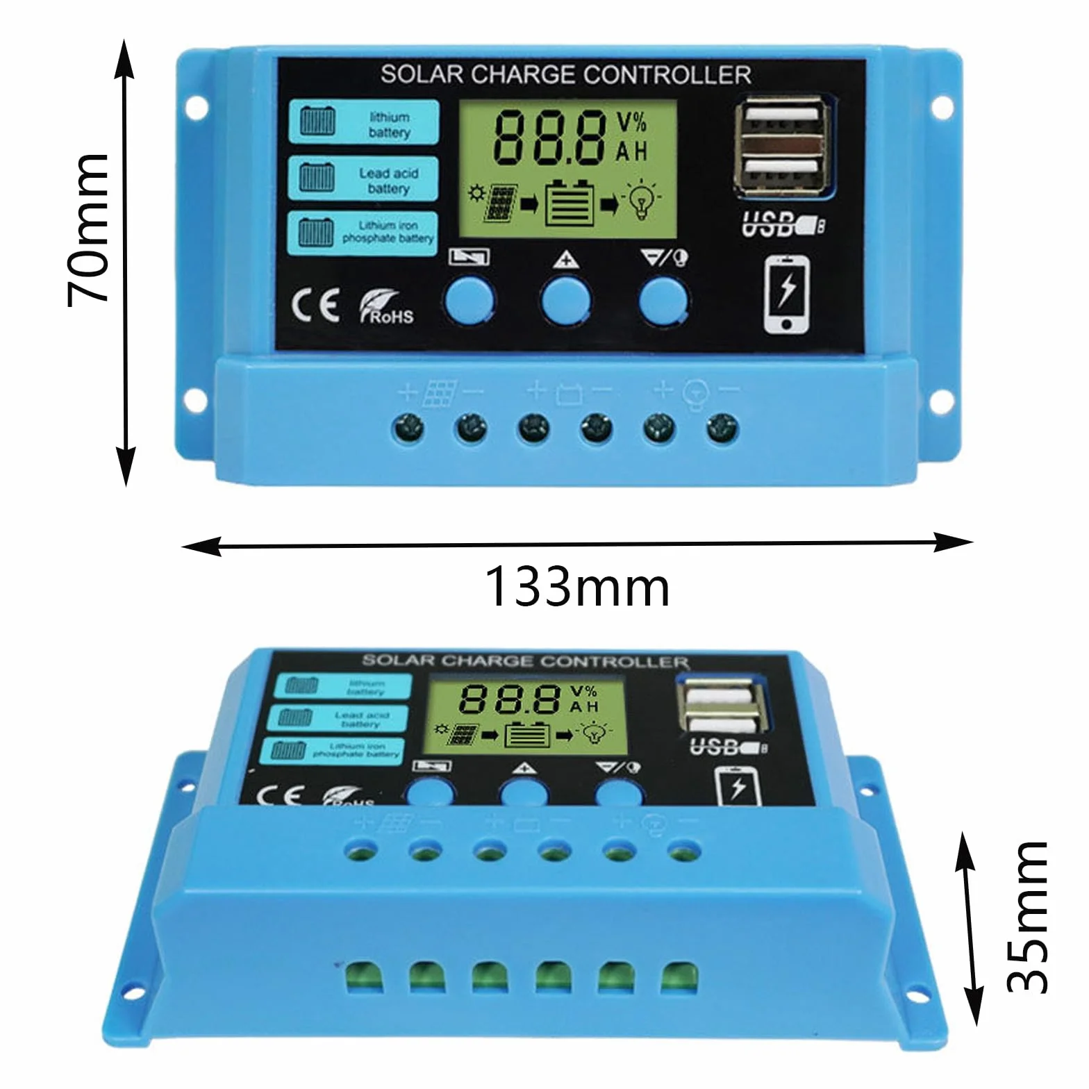 CAM2 Kontroler ładowania słonecznego 30 A, 12/24 V, wyświetlacz LCD, 3-stopniowy PWM, lit/kwasowo-ołowiowy/LiFePO4, ochrona przed przeciążeniem i zwarciem, 2 porty USB