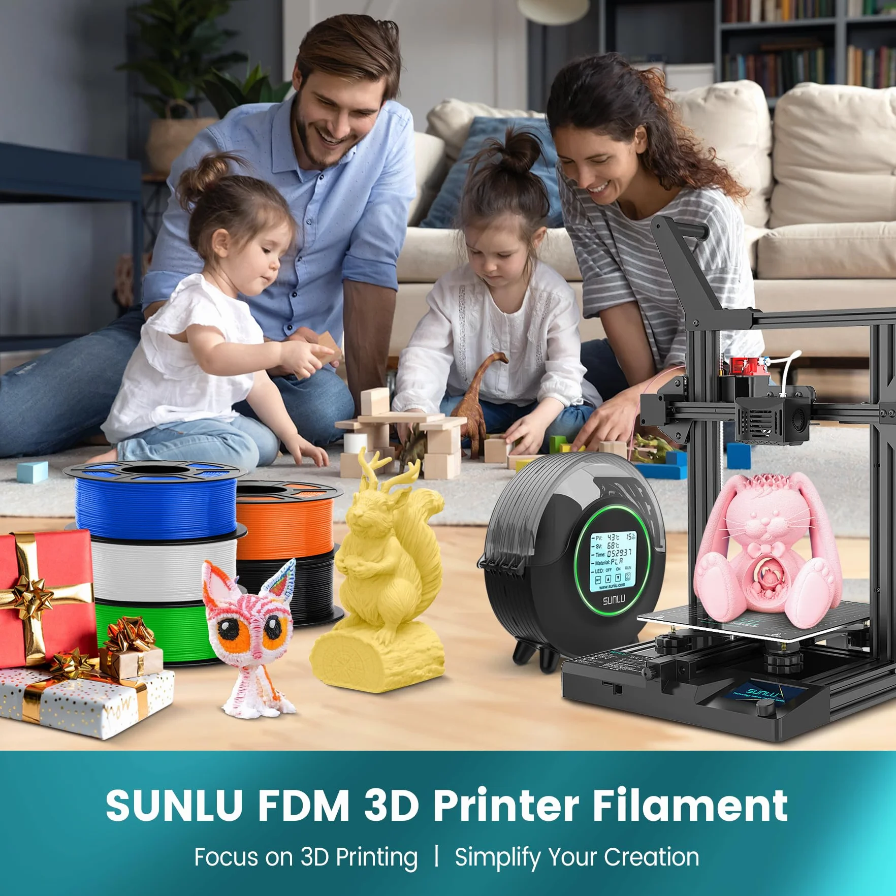 SUNLU PLA Filament, Drukarka 3D Filament 1,75 mm ±0,02 mm, 1 kg na Szpulę, Czarny