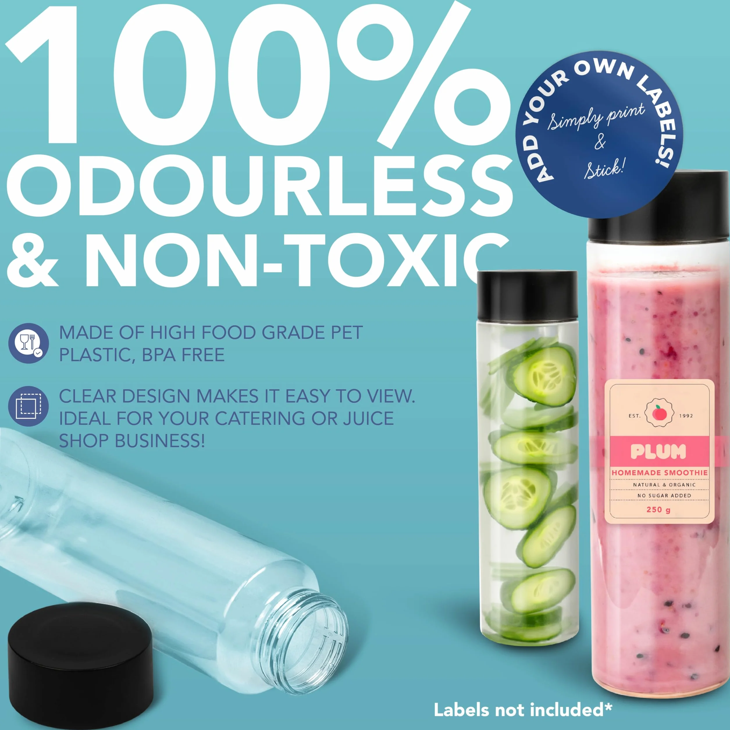 HEFTMAN Plastikowe butelki na sok z pokrywkami, 400 ml, puste, sensoryczne butelki PET na wodę, mrożoną kawę, smoothie na wynos, czarne, zakręcane pokrywki, bezpieczne dla żywności