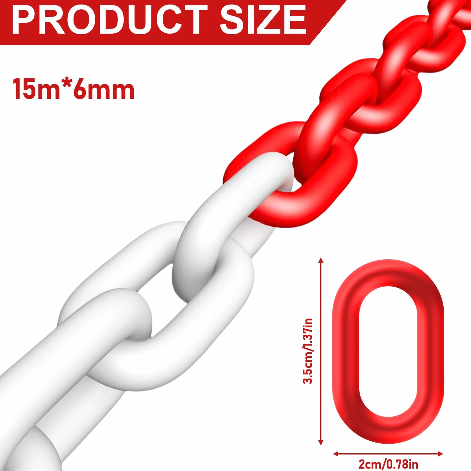 Łańcuch odcinający z tworzywa sztucznego, 15 m x 6 mm, łańcuch odgradzający, czerwony, biały, tworzywo sztuczne, łańcuch ostrzegawczy, plastikowy łańcuch ogniwowy, bezpieczeństwo parkingowe, budowa