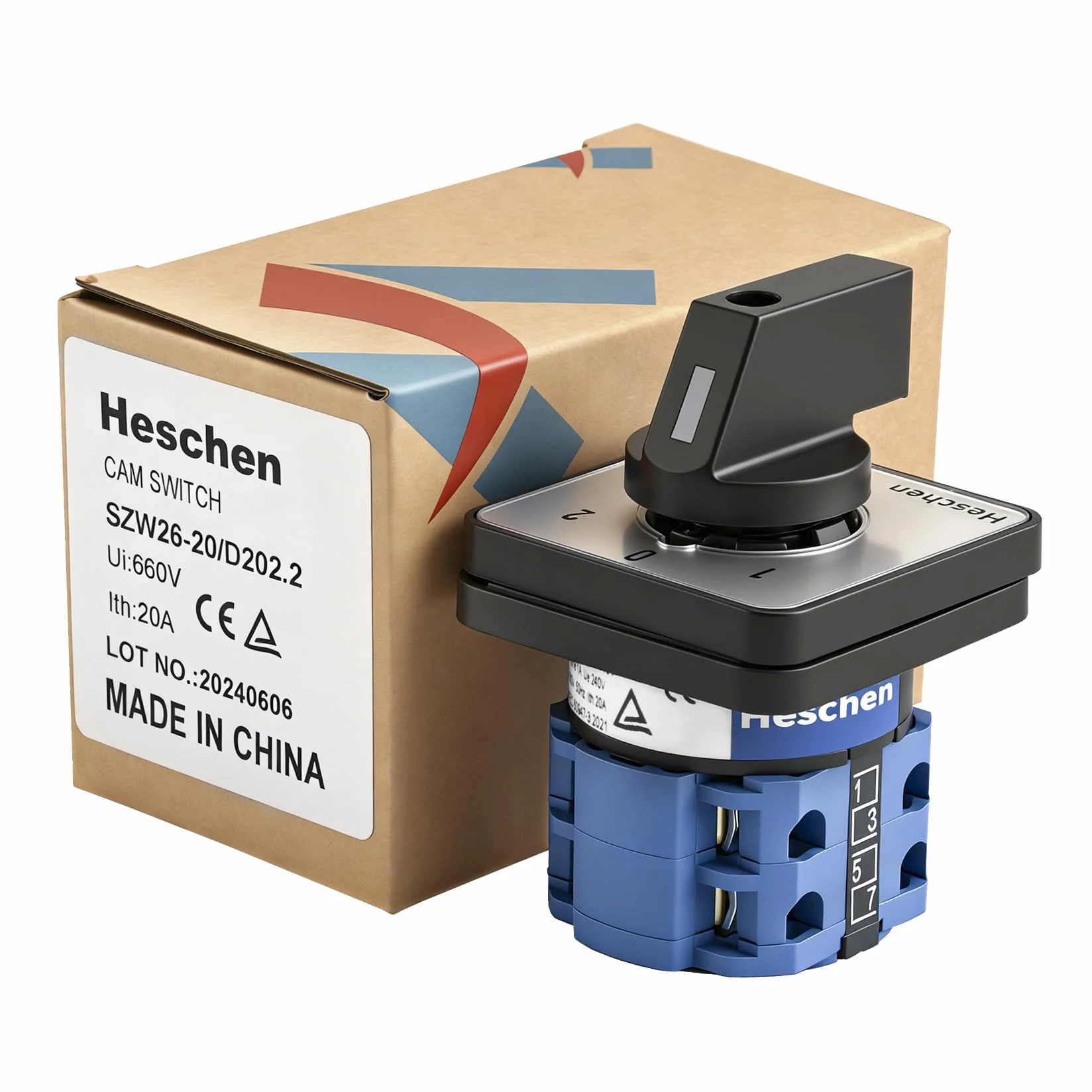 Heschen SZW26-20/D202.2 Uniwersalny wyłącznik obrotowy z krzywką 660V 20A ON-OFF-ON 3 pozycje 2 fazy 8-zaciskowe CE