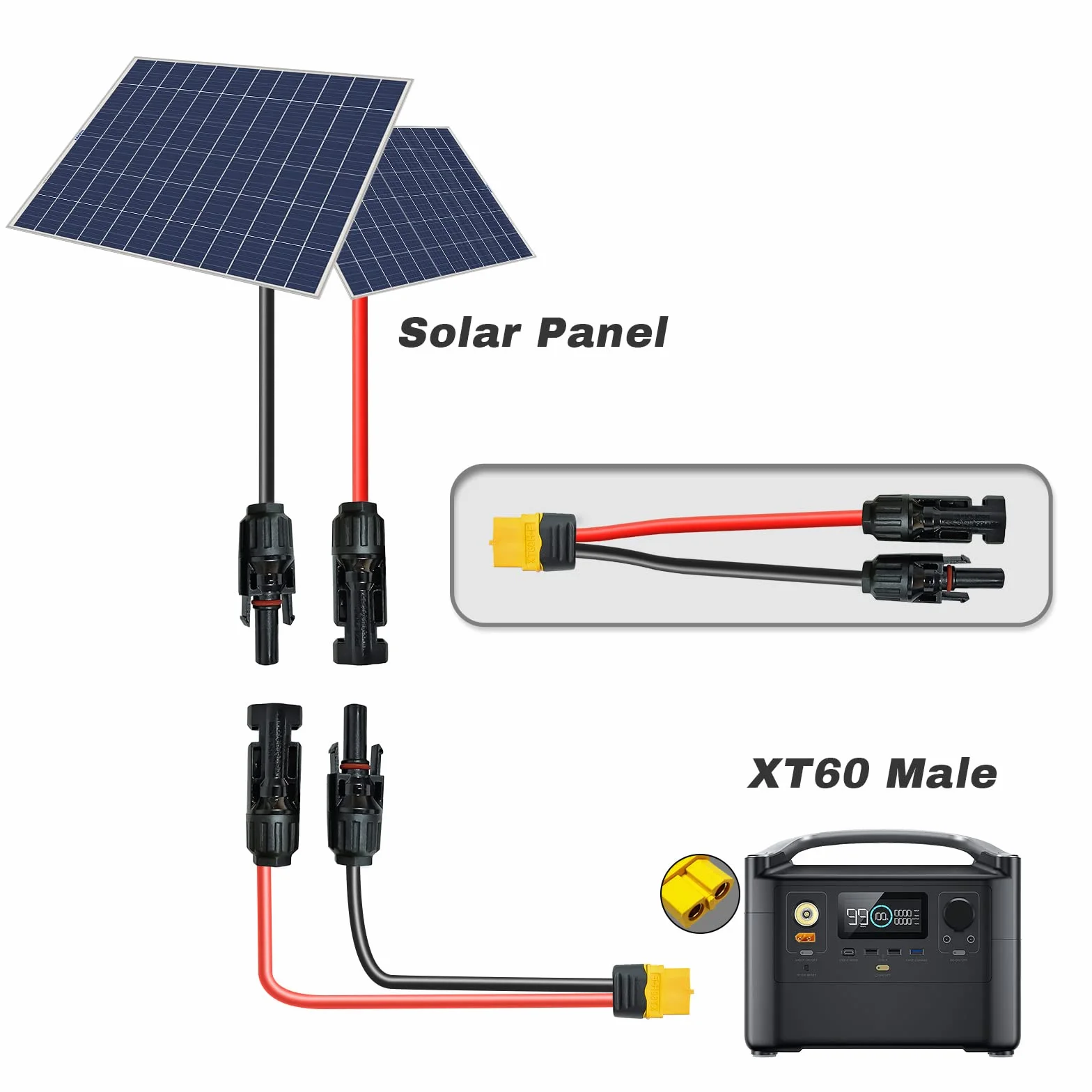 Solarny kabel do ładowania 0,6 m/3 m, wtyczka solarna na wtyk XT60, adapter do panelu słonecznego, do EF DELTA 2 i River Pro MAX Powerstation 757 Powerhouse Solar Generator (60 cm)