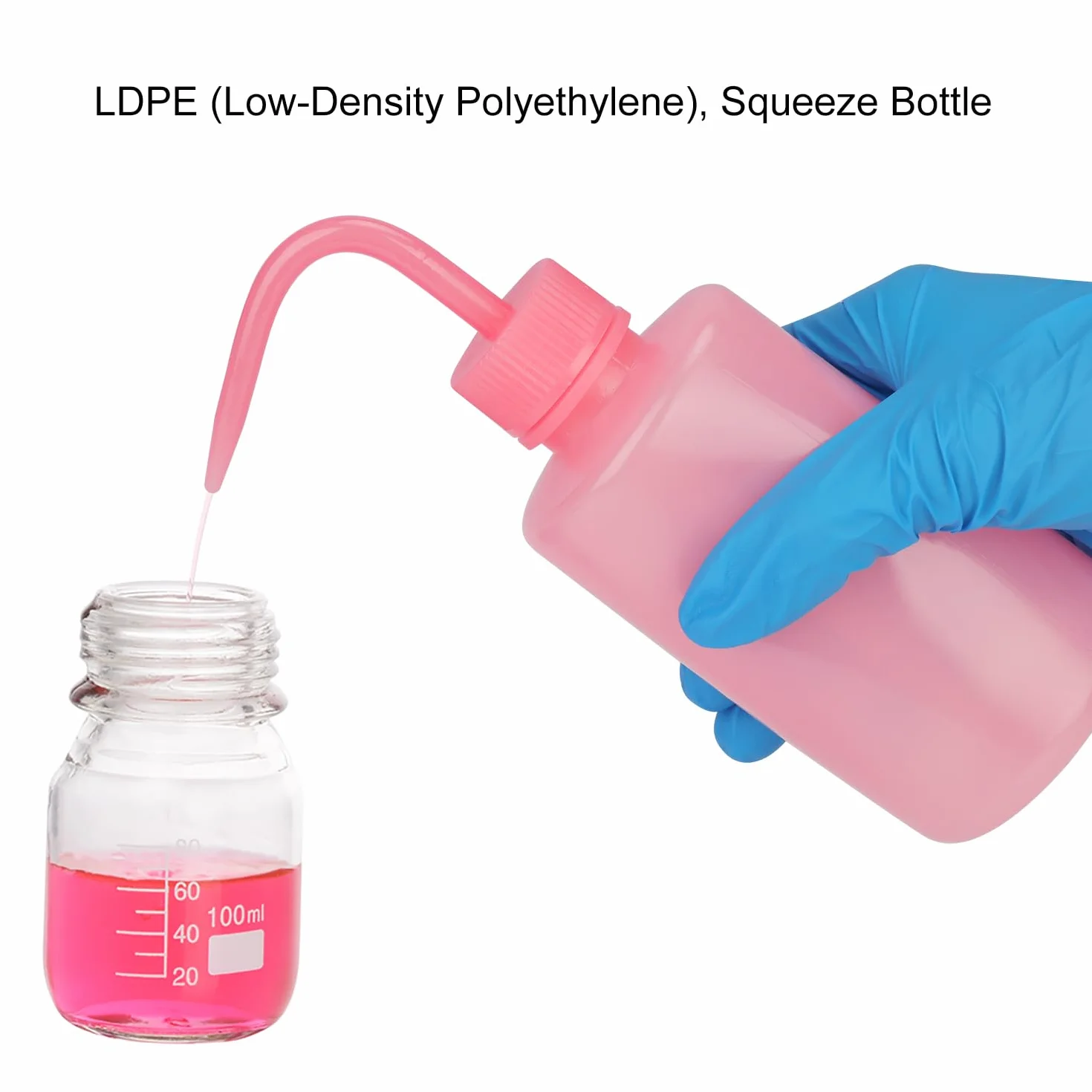stonylab Chemiczna Butelka do Płukania, 2-Pak Narzędzie Podlewania LDPE Ściskana Bezpieczna Plastikowa Butelka do Płukania z Etykietami Skali i Wąskim Końcem Polewania, do Użytku Lab, Różowy, 250 ml