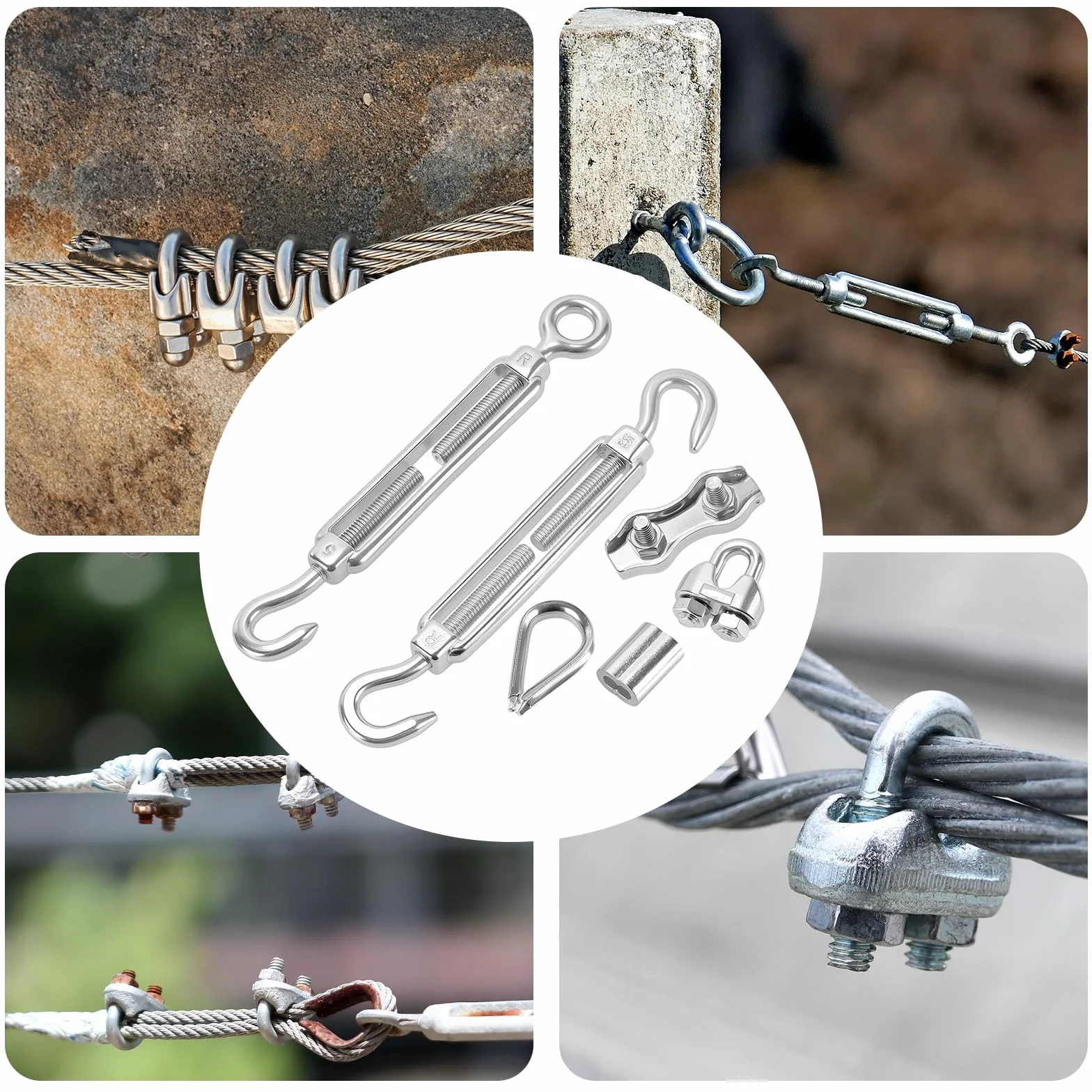 Zestaw 30 sztuk śrub napinających M5 ze stali nierdzewnej, napinacz drutu M5 z zaciskiem linowym 3mm ze stali nierdzewnej, 3mm linka stalowa z kauczami i tulejkami aluminiowymi, zestaw
