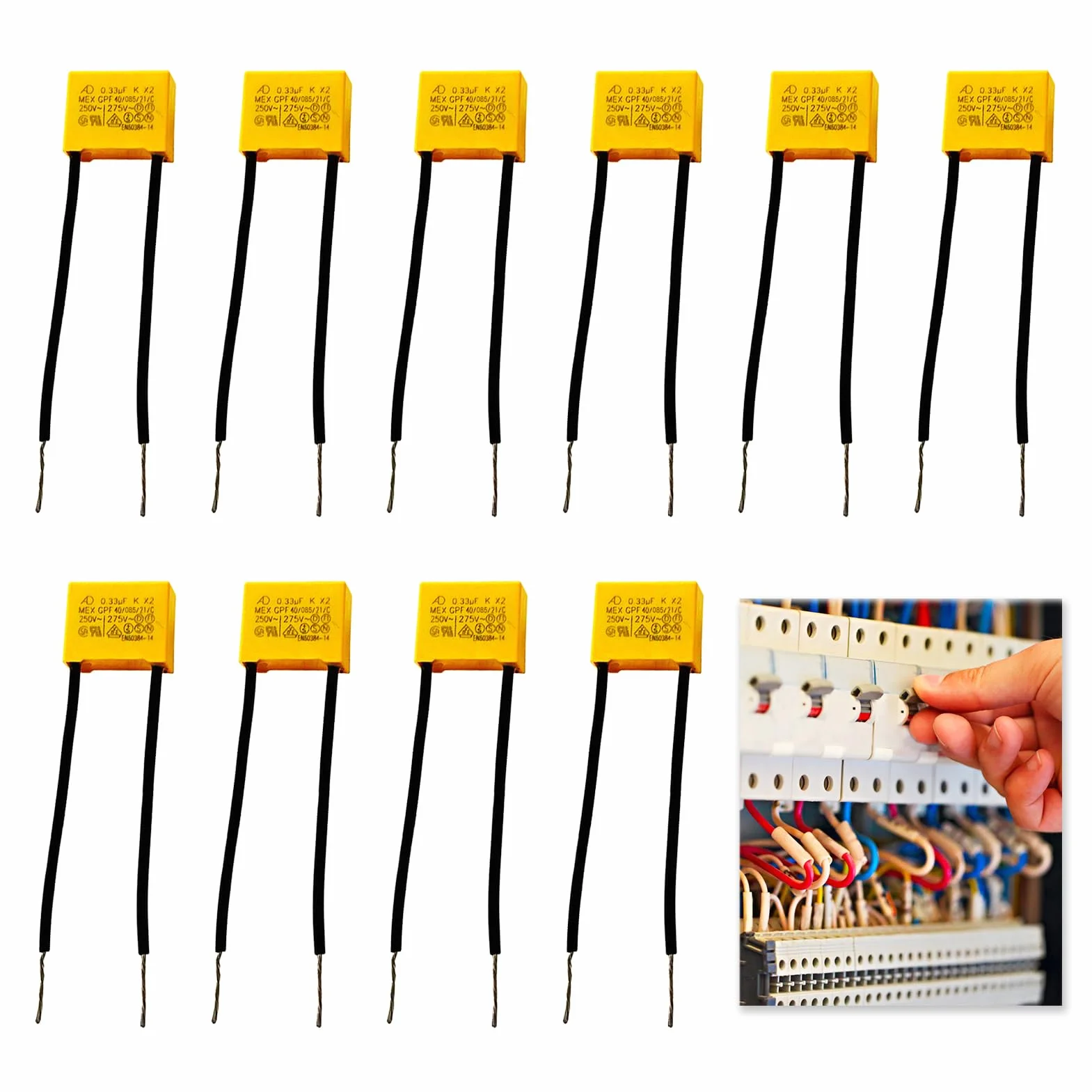 10 szt. Kondensatory bezpieczeństwa 0,33uF 275V X2, kondensator polipropylenowy, kondensatory bezpieczeństwa, kondensatory do elektronicznego obejścia, idealne do urządzeń domowych i projektów DIY